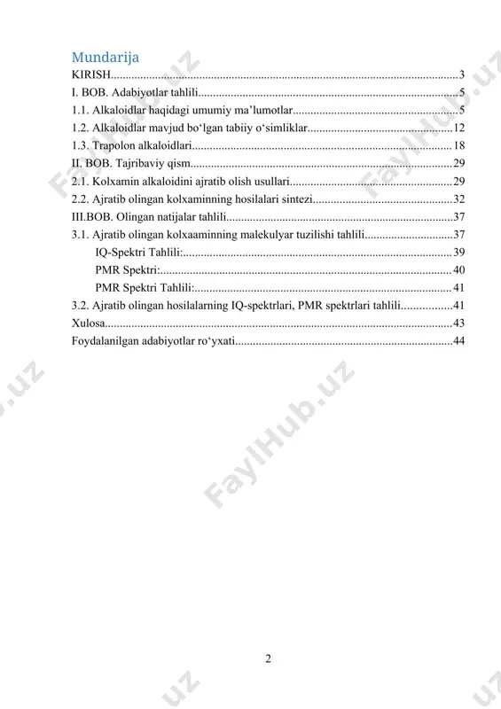 alarni ajratib olish va ularning xossalarini o'rganish borasida respublikamizda amalga oshirilayotgan ishlar jahon miqyosida qilinayotgan ishlar orasida o'ziga xos muhim o'rinni egallaydi. ushbu loyihaning muvaffaqiyatli bajarilishi nafaqat respublikamizda, balki butun jahonda yechilishini kutib yotgan muammolarni hal etishda, shuningdek nazariy ma'lumotlarni boyitishda g'oyatda muhim ahamiyat kasb etadi. odatda, tabiiy o'simliklardan ajratib olingan, fiziologik faollikka ega bo'lgan dorivor moddalar yuqori zaharlilik darajasiga ega bo'ladi. shuning uchun ular yordamida fiziologik faolligini yo'qotmagan, zaharlilik darajasi esa nisbatan kam bo'lgan yangi hosilalarni olish bugungi kunning dolzarb masalalaridan biri hisoblanadi. bitiruv malakaviy ishining ob'ekti sifatida savrinjon oʻsimliklari- colchicum lolaguldoshlar oilasiga kiruvchi oʻsimliklardan kolxamin alkaloidini ajratib olib, kolxaminning ba’zi organik kislotalar bilan murakkab efirlari hosilalarini taqqoslab oʻrganish kiradi. bitiruv malakaviy ishining predmeti loladoshlar oilasi savrinjon oʻsimliklarida uchraydigan kam oʻrganilgan kolxamin alkaloidini ajratib olish hamda uni murakkab efir hosil bo‘lishiga ega boʻlgan birikmalar bilan bogʻlash hamda ularni fizik kimyoviy usullar yordamida aniqlash. bitiruv malakaviy ishining maqsadi. kolxaminning organik …