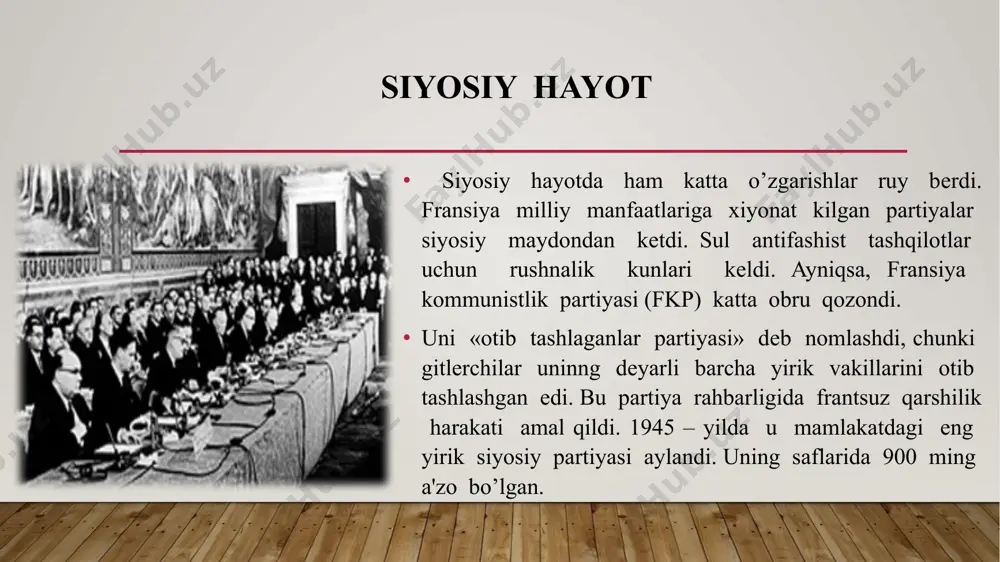 o’tkazildi. davlat mulkiga aylantirilgan korxonalarni boshqarishda hukumat vakillari, ishchi va xizmatchilar ham ishtirok eta boshladi. 40 soatlik ish xaftasi ta'til joriy qilindi. ish xaki 80 foizga oshdi, yagona ijtimoiy sugurta tizimi joriy qilindi. mamlakat jamiyatni demokratlashtirish va mehnatkashlar turmushini yaxshilashda keskin burilish yasadi. yangi konstitutsiyaning qabul qilinishi muvakkat rejim erishgan katta yutuqlardan biri sifatida mamlakatda demokratik tuzumni belgilab byergan yangi konstitutsiyaning qabul qilinishi bo’ldi. hukumat va parlamentni nazorat qiluvchi kuchli prezident xokimiyatini urganish loyixasi rad etildi. fransiya uz tarixining yangi davriga kirdi. turtinchi respublika davrida frantsuz iqtisodi qayta tiklandi. uning asosida monopoliyani davlat apparati bilan yagona mexanizmga birlashtirildi. yirik davlat sektori tashqil etildi, iqtisodni rejalashtirish va dasturlash keng kullanilib turtinchi respublika yashagunga qadar (1958) modernizatsiya va rekonstruksiyalashning ikkita reja qabul qilindi (1947-1954 va 1954-1957). marshal rejasi 1948 yil sanoat ishlab chiqarish hajmi urushdan avvalgi darajadan ham oshdi. 1949 yili kartochka tizimi bekor qilindi, 1950 yilda esa kishlok xo’jalik maxsulotlari etishtirish …