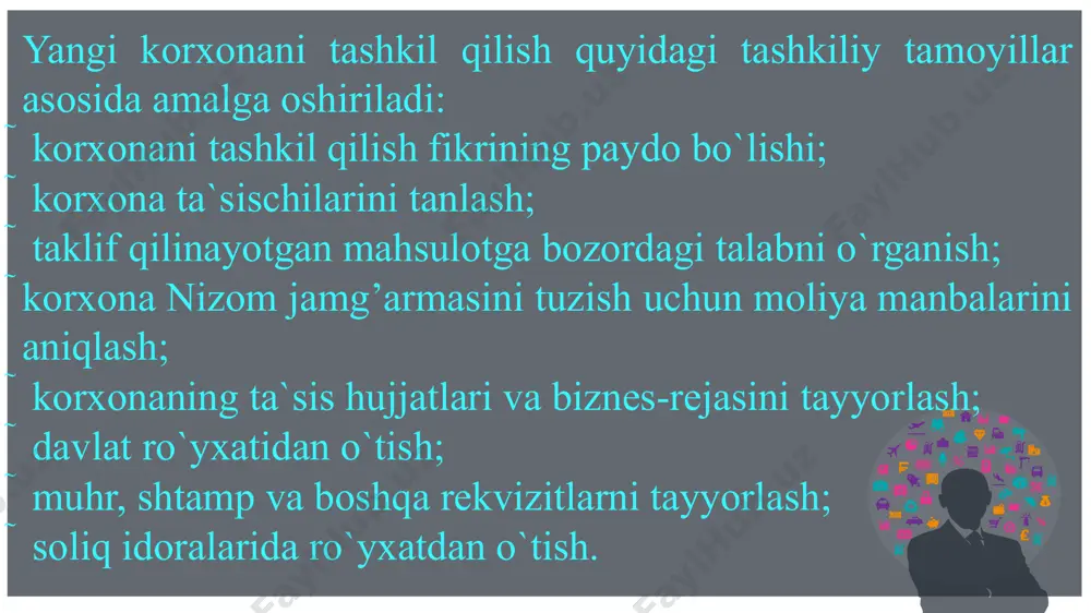 miqdoridagi qismi to`langanligini tasdiqlovchi hujjatlar. 5. davlat bojini to`laganlik haqida guvohnoma. 6. monopoliyaga qarshi muassasaning korxonani tashkil qilishga roziligini tasdiqlovchi hujjat. 7. davlat mulkini boshqarish va tadbirkorlikni qo`llab-quvatlash qo`mitasi yoki uning quyi idoralari roziligi haqidagi hujjat. korxonalarning davlat tomonidan ro`yxatga olinishi. yuqorida aytib o`tilganidek, korxona joylashgan manzilgohi bo`yicha davlat idoralarida ro`yxatga olingan kundan boshlab tashkil qilingan hisoblanadi. bu vazifani asosan hokimiyatlar bajarib, ular korxonani ro`yxatga olish to`g’risidagi ma`lumotlarni 10 kun mobaynida moliya vazirligiga yagona davlat reestriga kiritish uchun taqdim etishlari shart. davlat ro`yxatidan o`tish uchun korxonani tashkil qilish to`g’risidagi qaror, korxona nizomi (ta`sis shartnomasi) va vazirlar mahkamasi tomonidan belgilab beriluvchi ro`yxatdagi boshqa hujjatlar taqdim etiladi. korxonani tugatish va qayta tashkil qilish. korxona faoliyatini to`xtatish uni tugatish yoki qayta tashkil qilish shaklida amalga oshirilishi mumkin. ishlab chiqarishning barqaror emasligi, moliyaviy qiyinchiliklar, surunkali zarar ko`rish va to`lov qobiliyatining yo`qolishini korxonalarni tugatish yoki qayta tashkil qilishga asosiy sabab qilib ko`rsatish mumkin. korxonani tugatishda …