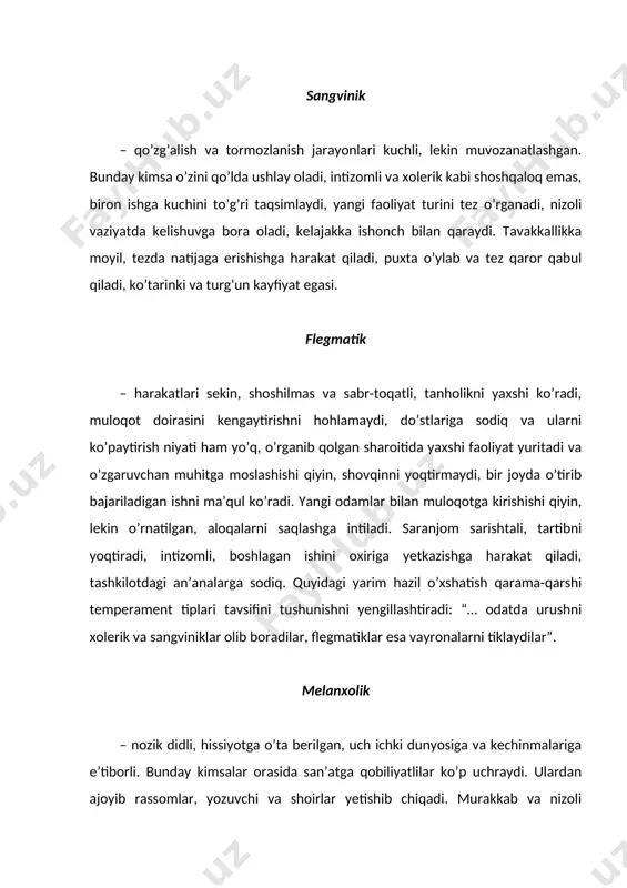 ni asl melanxoliklikka qaytishni “sog’inib” qolardi. garchi ijodda, insoniy munosabatlarda va mehnat faoliyatida u sangvinikday tez va shijoatli bo’lsada, lekin uning asl temperamenti serqatnov ko’chani kesib o’tayotgandagi ishonchsizlikda va qaltis vaziyatlardagi ikkilanishda yaqqol ko’zga tashlanardi. shaxs temperamenti tipologiyasini bilish mehnat jarayonini oqilona tarzda tashkil etish, mavjud vazifalarni xodimlar imkoniyati va xususiyatiga binoan taqsimlash, jamodagi sog’lom muhitni saqlash imkonini yaratadi. masalan, mulohaza asosida ish yuritishga sangvinik va flegmatik tiplari tabiatan moyillar. xolerik yoki melanxolik temperamentiga mansub kimsa esa o’z hissiy muvozanatini ichki zo’riqish hisobiga ta’minlab turishi lozim. shaxsning o’z temperamenti tipini bilishi unga xos xususiyatlarni chuqurroq anglashiga va o’z-o’zini yanada samarali boshqarish imkonini beradi, qaltis vaziyatlarda o’rinsiz xatti-harakatlardan o’zini chetga olishini va ichki nazoratni ta’minlaydi. temperamentning sanab o’tilgan bu xillari nisabatan barqaror bo’lib, muhit va tarbiya ta’sirida o’zgarishlarga kam bo’ysunadi. shu bilan birga ular shaxsning mazmun tomonini, qadriyatlari va ehtiyojlarini ifodalamaydi. 1940-yillarda bir guruh amerikalik olimlar g.ayzenk rahbarligida temperament tushunchasini ikkta …