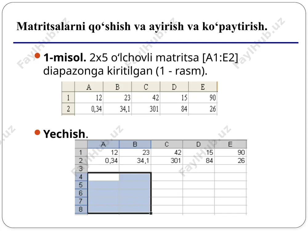 a” shaklini oladi. mathcad da ifoda nomi (o`zlashtirish amali (:=) ning chap tomoni) lotin, rus, gryek xarflari raqamlar va simvollardan (_,`,%,•) iborat bo`lishi mumkin. ifodalarni nomlashda bo`sh joylarga yo`l qo`yilmaydi. bunda o`zgaruvchi va funkstiyalar nomlari farqlanmaydi. mathcad da ba’zi funkstiya, o`zgarmas va o`lchov birliklari uchun nomlar standart xisoblanib, ularni boshqa xolatlarda ishlatishga ruxsat etilmaydi. algebraik hisoblashlar operatorlar. mathcad dasturidagi har bir operator biror matematik amalni misol ko`rinishida ifodalaydi. ular quyidagi turlarga bo`linadi: arifmetik operatorlar, hisoblash operatorlari, mantiqiy operatorlar, matritsa operatorlari, ifoda operatorlari. mantiqiy operatorlar. - katta x > y; kichik x < y; - katta yoki teng x ≥ y; - kichik yoki teng x ≤ y; - teng x = y; teng emas x ≠ y; - va x ˄y; yoki x ˅ y; - inkor ̚ x. xor matritsa operatorlari. matritsa operatorlari vektor va matritsalar ustida turli amallar bajarish uchun mo`ljallangan. bularga transponerlash, qo`shish, ayirish, ko`paytirish operatorlari kiradi …