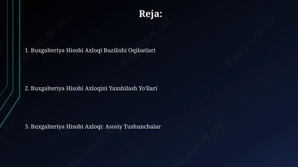 sh kabi muhim jihatlarni qamrab oladi. kodeks buzilishi, masalan, noto'g'ri ma'lumotlarni taqdim etish, 5 yilgacha bo'lgan muddatga litsenziyaning bekor qilinishi yoki jiddiy moliyaviy jarimaga olib kelishi mumkin. axloqsizlikning oqibatlari noto'g'ri ma'lumotlarni taqdim etish, investitsiyalarni qaytarib olishga, mijozlarning ishonchini yo'qotishga va hatto 5 yilgacha qamoq jazosiga olib kelishi mumkin. axloqsizlik, moliyaviy hisobotlarning ishonchliligiga putur yetkazib, kompaniyaning 10-20% daromadini yo'qotishiga olib kelishi mumkin. buxgalteriya axloqi nima? buxgalterlarning axloqiy majburiyatlari mijozlarning manfaatlarini himoya qilish, moliyaviy firibgarlikning oldini olish va kamida 5 yil davomida moliyaviy yozuvlarning to'g'riligini ta'minlashni o'z ichiga oladi. buxgalteriya axloqi – bu moliyaviy hisobotlarning aniqligi, ishonchliligi va shaffofligini ta'minlash uchun 10 dan ortiq axloqiy printsiplar va qoidalarga rioya qilishni o'z ichiga olgan professional standartlar majmuasidir. axloqiy muammolarni hal qilish axloqiy muammolarni hal qilishda 3 bosqichli yondashuv (aniqlash, tahlil qilish va hal qilish) samaradorligini 70% ga oshirishi mumkin, bu esa xatoliklar sonini 15% ga kamaytiradi. ichki audit va axloq kodeksiga rioya qilish …