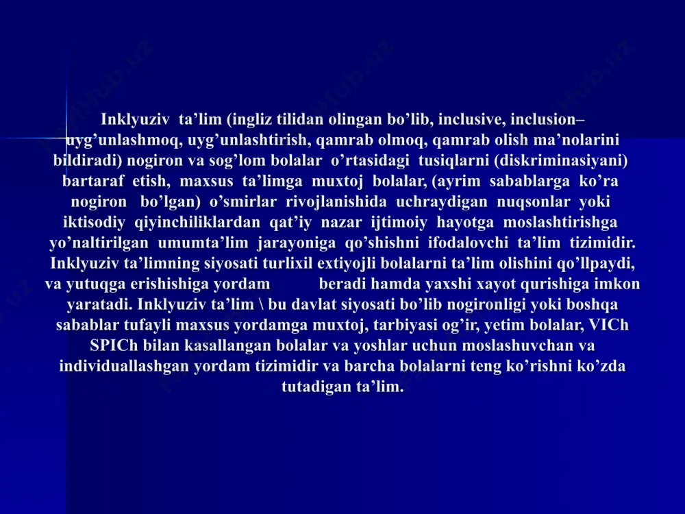 asiyaga qarab qo’yilgan birinchi qadamdir. imkoniyati cheklangan bolalarning umumta’lim muassasalari tarkibiga qamrab olinishi jahon miqyosida “inklyuziv” yoki “integrasion” ta’lim atamalari bilan ataladi. a)jismoniy integrasiya. integrasiyaning bu shakli nogiron va nogiron bulmagan bolalar urtasidagi jismoniy farkni kamaytirishga qaratilgan. oddiy maktab bilan yonma-yon joyda nogiron bolalar uchun maxsus bo’lim yoki sinf tashkil qilish mumkin. funksional integrasiya. bu shakl nogiron va nogiron bo’lmagan bolalar o’rtasidagi funksional muammolarni kamaytirishga qaratilgan. ijtimoiy integrasiya. itegrasiyaning bu shakli ijtimoiy muammolarni kamaytirishga qaratilgan va u nogiron hamda nogiron bo’lmagan bolalar o’rtasidagi o’zaro aloqani qo’llab – quvvatlaydi. jamiyatga integrasiya qilish kabilar. * подцарство простейшие (protozoa) общая характеристика к подцарству простейшие относятся одноклеточные животные, каждой особи присущи все основные жизненные функции: обмен веществ, раздражимость, движение, размножение. есть и колониальные виды. среды обитания: морские и пресные водоемы, почва, организмы растений, животных и человека. строение. клетка простейших является самостоятельным организмом, имеющим одно или несколько ядер. в цитоплазме находятся как органоиды, характерные для …