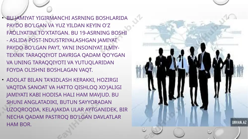 ta davlat. shvetsiya yalpi ichki mahsulotining asosiy qismi xizmatlar, shu jumladan turizmga yo'naltirilgan. mamlakat o'zining yuqori darajada ijtimoiy himoyasi bilan mashhur. ispaniya. evropadagi eng kuchli moliyaviy markaz. kemasozlik, avtomobilsozlik sanoatining qudratli shahri, shuningdek, gaz va neft mahsulotlarini ishlab chiqarish va qayta ishlash sohasida etakchi. ispaniyada 500 dan ortiq siyosiy partiyalar ro'yxatga olingan. bu erda ular mamlakatning madaniy merosini ehtiyotkorlik bilan himoya qiladilar va yangi arxitektura ob'yektlari bilan shahar quradilar. ommaviy axborot vositalari va transport ispaniyada etakchi hisoblanadigan ikkita sohadir. jamiyatni tashkil etishning sanoatdan oldingi usuli mehnat talab qiladigan texnologiyalar insonning mushak kuchidan foydalanish uzoq mashg'ulotlarni talab qilmaydigan ko'nikmalar; ekspluatatsiya tabiiy boyliklar (xususan, qishloq xo'jaligi erlari). asoslangan sanoat usuli mashinasozlik kapital talab qiladigan texnologiyalar mushak bo'lmagan energiya manbalaridan foydalanish, uzoq muddatli malaka talab qiladigan. post-sanoat usuli yuqori texnologiyalar ma'lumot va bilim asosiy ishlab chiqarish manbai sifatida inson faoliyatining ijodiy tomoni, hayot davomida doimiy o'zini takomillashtirish va kasbiy rivojlanish. intellektual mulk huquqlarining …