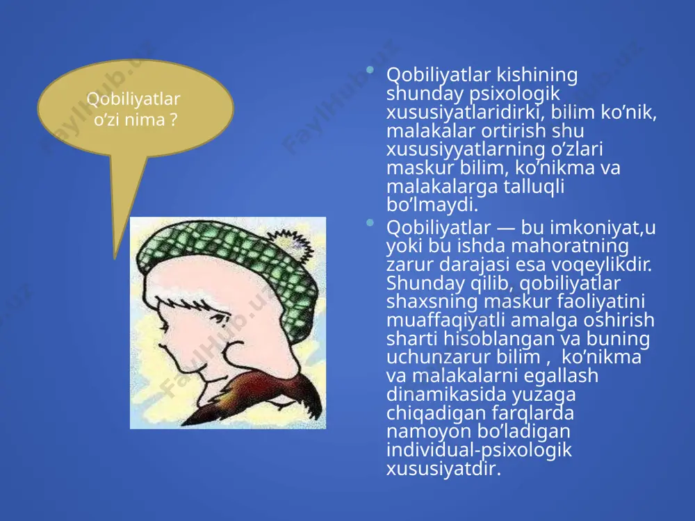 fakkuri esa mantiqiy kuchga ega bo‘ladi. bunday kishi bilim va tajribani quruq to‘plamasdan, balki mustaqil o‘ylab, ijodiy, tanqidiy ishlab chiqadi, shundan foydalanib yangiliklar yaratadi. shuning uchun iste’dodlilik darajasi jihatidan kishilar bir-birlaridan farq qiladilar. iste’dod . iste’dodning eng yuqori darajasi geniallik deyiladi.geniy deb shunday shaxslarga aytiladiki, ular ma’lum sohada tarixiy burilishni vujudga keltiradilar, insoniyat taraqqiyotiga yangilik kiritadilar, davlat, jamiyat miqyosida ular hal qilgan muammolar va yaratgan kashfiyotlar umumxalq manfaatiga xizmat qiladi, jamiyat taraqqiyoti qonunlarini kashf etadilar. bu shaxslarning iste’dodli faoliyati natijasida turmushning hamma sohalarida juda katta o‘zgarishlar paydo bo‘ladi va insoniyat tarixi chinakam taraqqiyot sari qadam qo‘yadi. navoiy va jomiyni biz genial shaxslar deymiz, a.qodiriy, fitrat, a.qahhorni buyuk yozuvchi deymiz, chunki ularning ijodi o‘zbek adabiyoti va madaniyatida yangi davr ochdi, ularning asarlari faqat o‘zbek xalqi uchungina emas, balki hamma xalqlar uchun ham madaniy-ma’naviy ahamiyatga ega bo‘ladi. . psixologiyada tug’malik alomatlari bor individual sifatlar layoqat deyiladi va ular ikki xil farqlanadi. ijtimoiy …