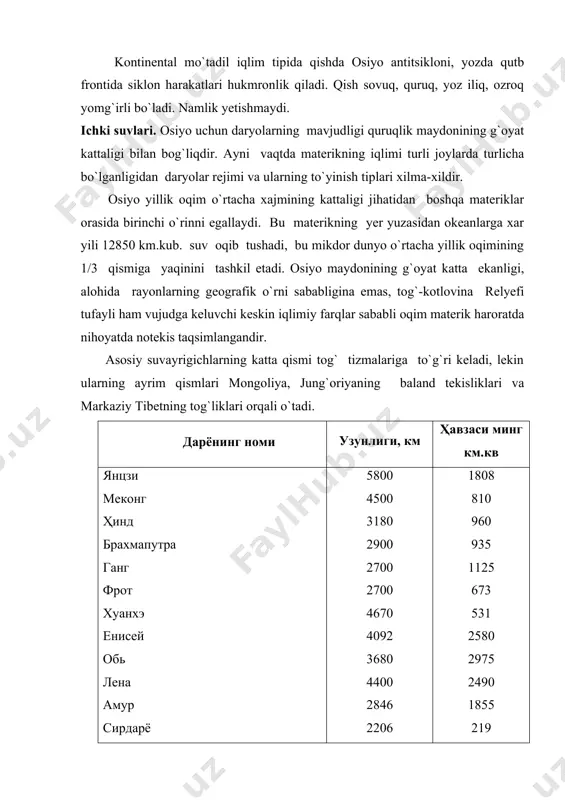 larining maydoni bir-birlariga taxminan teng. atlantika okeaniga unchalik katta bo`lmagan maydondagi daryolar quyiladi. atlantika okeani xavzasiga o`rta dengiz bilan qora dengizga quyiladigan daryolar kiradi. bu daryolar rejimi asosan o`rta dengiz bo`yi rejimi bo`lib, u ayniqsa bevosita o`rta dengizga quyiladigan daryolar uchun xosdir. xindiston va birmaning kalta daryolari mavsumiy yomg`ir suvlaridan to`yinadi, lekin yog`in suvlaridan to`yinadi, lekin yog`in tushishi rejimiga qarab, ularning maksimal suv sarfi davri ba`zi rayonlarda yoz oylarida, boshqa rayonlarda esa kuz oylarida boshlanadi. gang daryosi bosh ximalay tizmasidagi muzliklardan boshlanadi. gangning ko`pdan-ko`p irmoqlari unga ko`p suv keltirib quyadi. gang daryosi tog`dan chiqqan joyda yozgi musson davrida hamda ximalay tog`laridagi muz va qor eriydigan vaqtda keng toshadi. bu daryo quyilish joyida braxmaputra bilan birga keng delta hosil qiladi. rejimi xususiyatlariga qarab sharqiy osiyodagi daryolar ikki tipga: amur va xitoy tiplariga bo`linadi. amur tipidagi daryolarga rossiyaning uzoq sharqining janubiy qismidagi hamma shimoli-sharqiy xitoydagi yozgi oqimga ega bo`lgan, yomg`irdan va qisman …