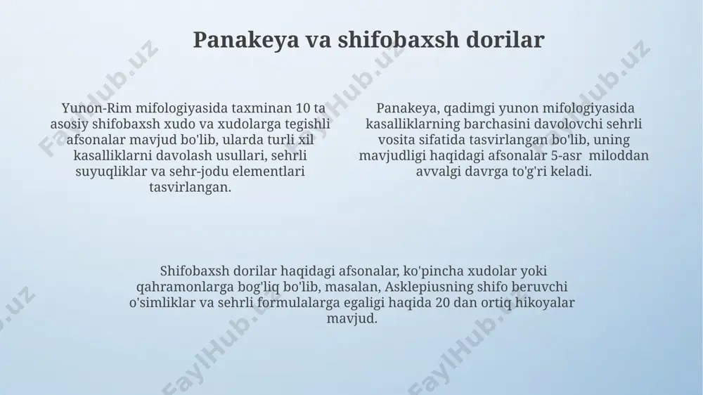 ishi va davolanishi haqidagi hikoyalar tibbiyotga oid bilimlarni, davolash usullarini va o'simlik dorilarini o'rganishga turtki bo'lgan. masalan, 7 ta kasallikdan davolash usullari. yunon-rim mifologiyasida 12 ta oliy xudo, jumladan, shifo xudosi asklepiy va uning qizi gigieyaning tibbiyotga bevosita ta'siri aks etgan. ularning ramzlari va afsonalari tibbiyot amaliyoti va tibbiy muassasalarida qo'llanilgan. yunon mifologiyasidagi sehr-jodu va sehrgarlik, shuningdek, taxminan 3000 yil avvalgi davolash usullari bilan bog'liq bo'lib, qo'lyozmalarda turli xil sehrli va o'simlik formulalari ta'riflangan. yunon va rim tibbiyotining mifologik kelib chiqishi rim mifologiyasida salus va febris kabi xudolar sog'liq va kasalliklarni ifodalab, ularga bag'ishlangan marosimlar va ibodatlar tibbiyot amaliyotiga integratsiyalashgan. yunon mifologiyasida 12 olimpiya xudosi orasida shifo topish va kasalliklarni davolash bilan bog'liq bo'lgan asklepiy xudosi muhim o'rin egallagan, uning ramzi esa ilon edi. qadimgi yunoniston va rimda 50 dan ortiq o'simlik va mineral moddalardan tayyorlangan 200 dan ziyod dorivor preparatlar ro'yxati mavjud bo'lib, ularning ko'pchiligi mifologik manbalar bilan bog'liq. …