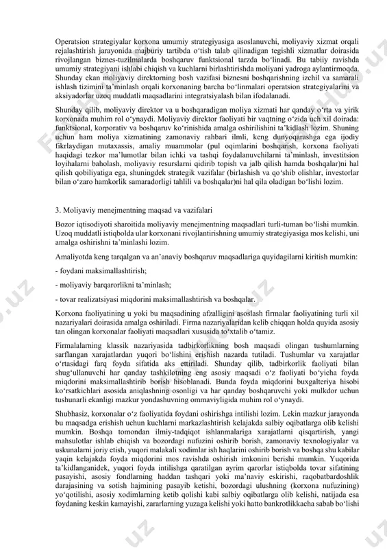 apital qiymati va korxonaning bozor qiymatining oʻzaro aloqadorligini rad etib, moliyalashtirish manbalari qiymatini pasaytirish hisobiga korxona bozor qiymatini oshirish mumkin emasligi haqidagi fikrni ilgari suradi. f.modilyani va m.miller yondashuviga koʻra korxona aksiyalari aylanmasi amaliyotlar hajmi, aksiyalar bozor bahosi ularning ichki qiymatiga qanchalik mosligiga bogʻliq boʻlgan qimmatli qogʻozlarning samarali bozorida amalga oshiriladi. bozor bahosi koʻplab omillarga, shu jumladan asosiy omil sifatida koʻrib chiqiluvchi axborotga bogʻliq. shu tariqa, bozorning samaradorlik darajasi axborotni baholarga ta’sir etish tezligiga bogʻliq xolda oʻzgaradi. bunda iqtisodiy samaradorlik emas, axborotning samarasi tushuniladi. bozordagi axborotni olishda uning barcha ishtirokchilari birdek imkoniyata ega emas. halqaro amaliyotda simmetrik va assimmetrik axborotlar mavjud. birinchi xolatda axborotdan barcha foydalanishi mumkin va bu hech qanday afzalliklarni bermaydi; ikkinchi holatda axborotdan faqatgina bozorning muayayn ishtirokchilari foydalanishi mumkin va bu ularga ma’lum afzalliklarni beradi. bozor samaradorligining uch darajasi mavjud: past, oʻrta va yuqori. samaradorlikning past darajasi aksiyalarning joriy bozor baholari oʻtgan davrlardagi baholar dinamikasini toʻliq aks …