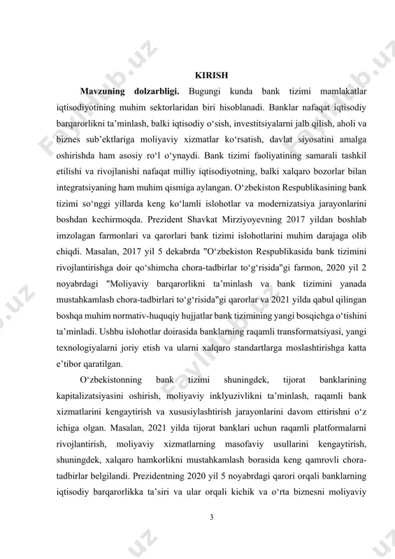 mli rivojlanishi, shuningdek, xalqaro bank xizmatlarining integratsiyasi mamlakatning global moliya bozoridagi o‘rnini yanada mustahkamlaydi. yangi texnologiyalarni, xususan, blockchain, sun’iy intellekt va moliyaviy texnologiyalarni (fintech) joriy etish orqali banklar o‘z xizmatlarini kengaytiradi va jamiyatga yanada qulayroq moliyaviy xizmatlarni taqdim etadi. shuningdek, zamonaviy bank xizmatlari orqali aholi va kichik biznes uchun moliyaviy xizmatlar yanada qulayroq, tezkor va ishonchli bo‘ladi. mamlakatda raqamli bank xizmatlarini rivojlantirish, onlayn kreditlash va raqamli to‘lov tizimlarini kengaytirish kabi masalalar mamlakatning iqtisodiy va moliyaviy barqarorligini oshirishga xizmat qilmoqda. o‘zbekistonning bank tizimining rivojlanishi iqtisodiyotga qo‘shimcha investitsiyalar jalb qilishga, biznes muhitini yaxshilashga, va jahon bozorlariga integratsiyani kuchaytirishga xizmat qiladi. shu bois, bank tizimining kelib chiqishi, rivojlanishi va zamonaviy holatidagi o‘zgarishlarni tahlil qilish, shuningdek, bu tizimning kelajakdagi istiqbollarini baholash bugungi kunda dolzarb mavzu hisoblanadi. mazkur mavzuni chuqur o‘rganish nafaqat banklar faoliyatining yaxshilanishiga, balki mamlakatning iqtisodiy rivojlanishiga ham ijobiy ta’sir ko‘rsatadi. kurs ishining maqsadi. o‘zbekiston bank tizimining kelib chiqishi, rivojlanishi va zamonaviy holatini …