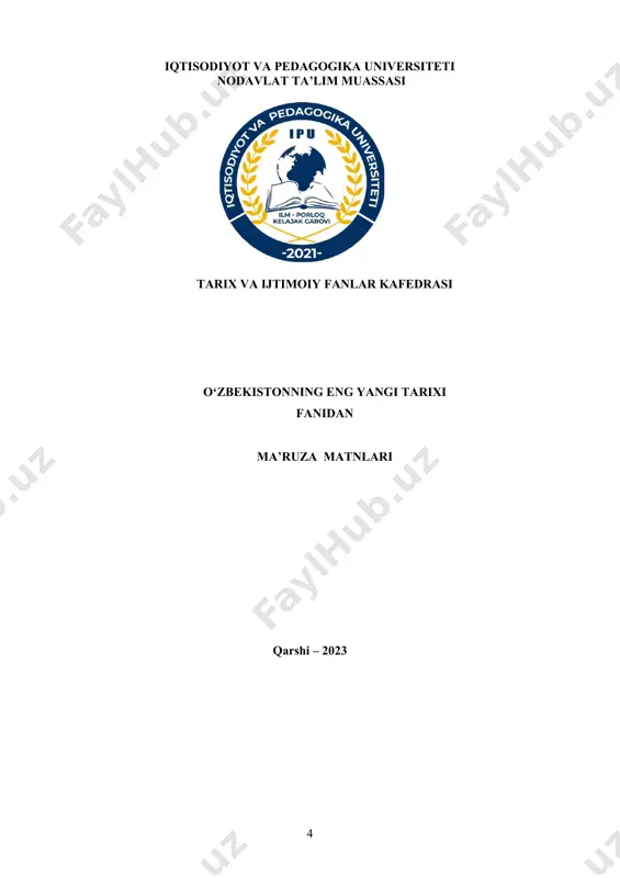 va toʼliq anglashi jamiyat taraqiyotida muhim ahamiyat kasb etadi. oʼzbekistonning eng yangi tarixi fanida oʼzbekistonning davlat mustaqilligiga erishishi arafasida yuzaga kelgan murakkab vaziyat, respublika mustaqilligining eʼlon qilinishi, mustaqillik yillarida mamlakatda amalga oshirilayotgan ijtimoiy-siyosiy, iqtisodiy, maʼnaviy sohalardagi islohotlar va ularning bosqichlarini, oʼzbekistonning jahon hamjamiyatiga har tomonlama integratsiyasini, xavfsizlik, millatlararo totuvlik va diniy bagʼrikenglikni taʼminlash, tinchliksevar tashqi siyosat kabi masalalarning ilmiy va amaliy ahamiyati ochib beriladi. fanni oʼqitishning maqsadi – mustaqillik yillarida oʼzbekiston respublikasida yuz bergan muhim oʼzgarishlar, tub islohotlarning mazmun-mohiyatini koʼrsatish va jamiyat hayotida talaba(mutaxassis)ning oʼrnini, oʼzligini anglatishdan iborat. fanni oʼqitishning vazifalari – mustaqillikka erishish arafasida oʼzbekistonda yuzaga kelgan murakkab vaziyatni hamda mustaqillik yillarida davlat boshqaruvi, ijtimoiy-iqtisodiy, siyosiy va maʼnaviy va boshqa sohalardagi islohotlarning mohiyatini talabalarga tushuntirib berish, ularni vatanga sadoqat va muhabbat ruhida tarbiyalashdan iborat. tarixni o`rganishda tarixiylik metodologiyasi muhim ahamiyatga ega. tarixiylik qoidasi voqea va xodisalarni o`z davrining aniq tarixiy sharoitidan kelib chiqqan holda o`rganishni taqoza etadi. voqea, xodisalarni …
