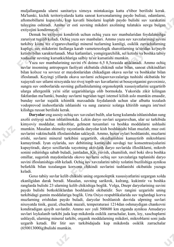 gi zapas uzoq vaktlar davomida yuzadan pastki kavatga filtirlanish okibatida katta bushlikda tuplanadi. suv zaxirasi ayniksa kurgokchilik davrida juda uzgarishi mumkin yer yuzasida joylashgan daryolarning er osti gurunt suvlariga ta'siri juda katta. tabiiy sharoitda grunt er osti suvlari, ichimlik er osti suvi bulib ifloslanishdan xoli buladi, grunt suvlari fakat tuzlarga goxo boyrok bulishi bulishi mumkin, unda albatta suvning mazasi xam uzgarishi mumkin. axolii turar joylarining tuproklarini ifloslanishi gurunt suvlarini ifloslanishiga xaf tugdiradi grunt er osti suvlarining tarkibi ma'lum turar joy joylarga boglik bulgani uchun, ularning xammasiga sanitariya jixatdan bir xil baxo berish xato buladi. shuning uchun xam xar doim xar viloyatda, noxiyada grunt suvlari sanitariya nuktai nazardan suvlarning kimyoviy, fizikaviy va bakteriologik xususiyatlari tekshirilish kerak va unga baxo berilish kerak. tepa er osti suvi. ba'zi bir xolatlarda grunt er ostida tuplanib kolgan suvlarni xam uchratish mumkin. tepa er osti suvlari suviga bardosh beradigan, yoki suvni kam utkazadigan kavatlarda, gurunt suvlarini …
