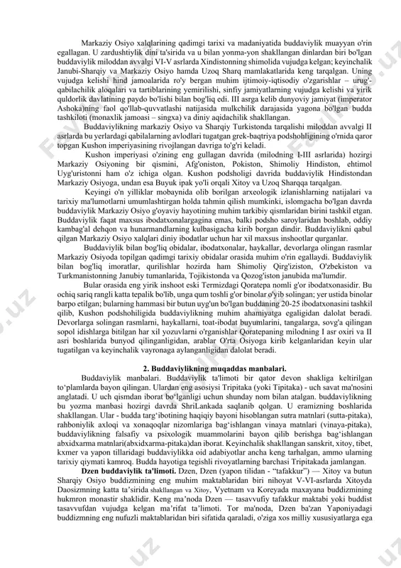 ish - qiynoq, kasallik - azob, o‘lim - kulfat, qiyinchilikka duch kelish - mashaqqat, yaxshi narsadan ayrilish - qiynoq, ayriliq - ezilish, orzu-havasga etaolmaslik - uqubat. dunyo tuzilishining asosiy qonuni bir-biriga bog‘liqlik. hech bir narsa ma`lum sababsiz yaralmaydi. lekin har bir hodisa yoki harakatning birlamchi sababini aniqlash mumkin emas. shuning uchun buddaviylik dunyoni shu holicha qabul qilishga chaqiradi. buddaviylik ta`limotiga ko‘ra, har qanday narsa yoki hodisa u hoh moddiy yoki ma`naviy bo‘lsin dxarma (yelement)lardan tuzilgan. bu elementlar o‘z xususiyatiga ko‘ra harakatsiz bo‘lib, ularni harakatlantiruvchi kuch insonning xayollar va so‘zlaridir. ob`yektiv haqiqat bu doimiy ravishda o‘zgarib turuvchi dxarmalar oqimidir. harakatdagi dxarmalar mavjudligining 5 formasini yaratadi: tana, sezgi, his-tuyg‘u, harakat, anglash. bu besh forma insonni tashkil qiladi. inson ular yordamida yashaydi va borliq bilan aloqada bo‘ladi, yaxshi yoki yomon ishlarni bajaradi. bu narsa insonning o‘limi bilan tugallanadi. insonni tashkil qiluvchi besh forma (skandx) o‘z navbatida qayta tug‘iladi. yangi tananing xususiyatlari asos bo‘luvchi …