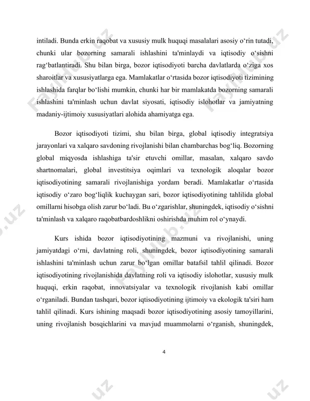 qilishga asoslangan. xususiy mulk huquqi ishlab chiqarish vositalarini va resurslarini xususiy shaxslar yoki tashkilotlar egalik qilishini ta'minlaydi. xususiy mulkning mavjudligi iqtisodiy subyektlar uchun qarorlar qabul qilishda mustaqillik va erkinlik yaratadi. misol uchun, aqshda 19-asrning oxirlariga kelib, xususiy mulkni himoya qilish davlat siyosatining asosiy yo‘nalishiga aylangan. erkin raqobat: bozor iqtisodiyotining ikkinchi asosiy tamoyili erkin raqobatdir. raqobat bozorning samarali ishlashini ta'minlaydi, chunki u ishlab chiqaruvchilarni innovatsiyalarga, mahsulot sifatini yaxshilashga va narxlarni pasaytirishga majbur qiladi. raqobat, shuningdek, resurslarning optimal taqsimlanishiga yordam beradi. masalan, 1990-yillarda yaponiyada raqobatning kuchayishi ishlab chiqarish samaradorligini sezilarli darajada oshirgan. 1.1-rasm. ko`rsatilgan bozor xizmatlarining umumiy hajmi. narx mexanizmi: bozor iqtisodiyotida narxlar talab va taklif asosida shakllanadi. bu mexanizm ishlab chiqaruvchilarga qaysi tovarlar va xizmatlarni ko‘proq ishlab chiqarishni ko‘rsatadi. narxlar shuningdek, resurslarning samarali taqsimlanishiga xizmat qiladi. misol uchun, 1980-yillarda aqshda oilaviy avtomobillarga bo‘lgan talab ortishi, avtomobil sanoatining rivojlanishini rag‘batlantirdi va yangi innovatsion texnologiyalarning joriy etilishiga olib keldi.[footnoteref:1] [1: davlatov, a. (2016). …