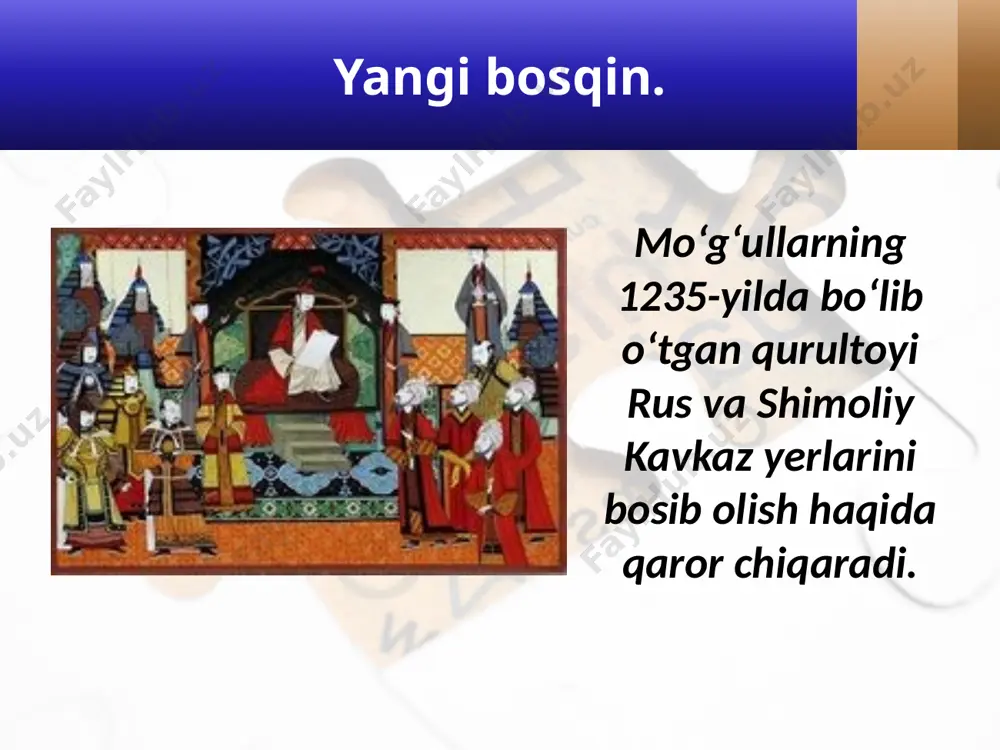 tin o‘rda taxti uchun kurash boshlangan. to‘xtamishxon xiv asrning oxirida uni o‘n besh yilga yana birlashtirgan. to‘xtamishxon xiv oltin o‘rda xv asrning birinchi yarmidan qator xonliklarga bo‘linib ketgan. ulardan eng yiriklari qrim, qozon, sibir, qozoq xonliklari va no‘g‘ay o‘rdasi bo‘lgan. savol va topshiriqlar 1. darslikdagi 108, 109, 110-rasmlarni diqqat bilan kuzatib, ularni qanday umumiy mazmun birlashtirishini sо‘zlab bering. 2. oltin о‘rdaning boshqaruv tizimida chig‘atoy ulusiniki bilan qanday о‘xshashlik va farqlar borligini tahlil qiling. 3. oltin o‘rda xonligida qanday soliq va majburiyatlar joriy etilgan? 4. oltin o‘rda qanday tashqi siyosat yuritgan? 5. oltin o‘rda xonligining amir temurdan mag‘lubiyatga uchrashi qanday oqibatlarga olib keldi? image2.jpg image3.jpeg image4.jpeg image5.jpeg image6.jpeg image7.jpeg image8.jpeg image9.jpeg image10.jpeg image11.emf image12.jpeg image13.jpeg image14.jpeg image15.jpeg image16.jpeg image1.jpg