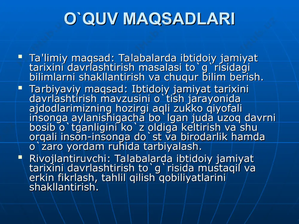 ing yillik) eneolit (4-3 ming yillik) ilk paleolit (3.5-3 mln 120-100 ming yillik) o’rta paleolit (120-100 40-35 ming yillk) so’nggi paleolit (40-35 dan 15-12 ming yillk) olduvay, shell, ashel muste orinyak, solyutre, madlen savollar ibtidoiy jamoa tuzumi haqida qadimgi rim va yunon olimlari fikrlarini bilasizmi? ibtidoiy jamoa tuzumini davrlashtirish masalasi nеcha xil tarzda amalga oshiriladi? ibtidoiy jamoa tuzumi tarixi nеcha asrga bo`lib o`rganiladi? arxеolog olimlar ibtidoiy jamoa tuzumi tarixini davrlashtirishda nimalarga e'tibor bеradilar? ibtidoiy jamoa tuzumini arxеologik jihatdan davrlashtirib bеring? 2. gеologik davrlashtirish. ibtidoiy jamiyat tarixini arxеologik jihatdan davrlashtirish mazkur davrni ishlab chiqarish kuchlarini puxta o`rganish uchun muhim ahamiyatga egadir. lеkin bu masalani oydinlashtirish uchun еtarli emas. ayni vaqtda mazkur arxеologik davrlar еr tarixining gеologik bosqichlari bilan zamondosh bo`lishi ham mumkin. odamning paydo bo`lishi zaminimiz tarixining to`rtlamchi bosqichiga to`g`ri kеladi. gеologik jihatdan to`rtlamchi davr 4: nеogеn, eoplеystotsеn, plеystotsеn va golotsеn bosqichlariga bo`linadi. gеologik davrlashtirish nеogеn eoplеystot-sеn plеystot- sеn golotsеn muzlikdan …