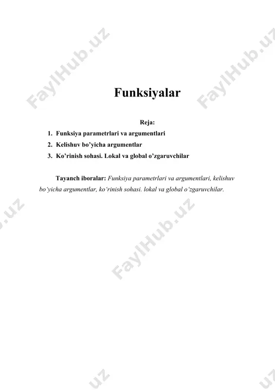 bir ifodani (masala osti) hisoblash uchun bu algoritmni 3 marta yozishga to‘g‘ri keladi. masaladagi 30-darajali ko‘phadni hisoblash algoritmini, masalan, gorner algoritmini alohida, bitta nusxada yozib, unga turli parametrlar- bir safar a vektor va x qiymatini, ikkinchi safar b vektor va y qiymatini hamda c vektor va (x+z) qiymatlari bilan murojaat qilish asosiy masalani yechish mumkin bo‘ladi. funksiyalar qo‘llanishining yana bir sababini quyidagi masalada ko‘rishimiz mumkin – berilgan chiziqli tenglamalar sistemasini gauss, kramer, zeydel usullarining birortasi bilan yechish talab qilinsin. u holda asosiy programmani quyidagi bo‘laklarga bo‘lish maqsadga muvofiq bo‘lar edi: tenglama koiffitsentlarini kiritish bo‘lagi, yechish usulini tanlash bo‘lagi, gauss, kramer, zeydel usullarini amalga oshirish uchun alohida bo’laklar, natijani chop qilish bo‘lagi. har bir bo‘lak uchun o‘z funksiyadir majmuasi yaratib, zarur bo‘lganda ularga bosh funksiya tanasidan murojaatni amalga oshirish orqali bosh masala yechish samarali hisoblanadi. bunday hollarda programmani ixcham va samarali qilish uchun c++ tilida programma bo‘lagini alohida ajratib olib, uni …