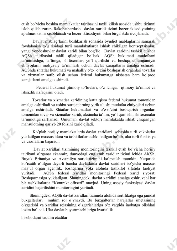 kiston respublikasi vazirlar mahkamasi; 1. davlat va xo’jalik boshqaruv organlari – nazoratni tashkil etuvchi organlar: 1. moliya vazirligi; 1. tashqi iqtisodiy aloqalar, investitsiya va savdo vazirligi; 1. davarxitekqurilish tashkiloti. 1. tovarlar va xizmatlar etkazib beruvchilar – tovarlar (xizmatlar, ishlar) etkazib beruvchi xo’jalik sub’ektlari. 1. xaridni amalga oshirish jarayoniga ko’maklashuvchi tashkilotlar: 1. xizmat ko’rsatuvchi banklar; 1. birjalar; 1. transport-ekspeditorlik kompaniyalari; 1. maslahat, ekspertiza va boshqa tashkilotlar; 1. amaldagi qonunchilik asosida ekspert baholash xizmatini amalga oshiruvchi boshqa tashkilotlar. davlat moliyasini samarali boshqarishda byudjet mablag’laridan samarali foydalanishni ta’minlash, davlat xaridlarini amalga oshirish jarayonida raqobat va shaffoflikni yanada kuchaytirish hamda davlat ehtiyojlari uchun zarur bo’lgan sifatli tovar, ish va xizmatlarni etkazib berishda kichik biznes sub’ektlarining keng ishtirokini yanada rivojlantirish maqsadida respublikamizda yangi samarali elektron davlat xaridlari tizimi tobora takomillashib bormoqda. byudjet tashkilotlari tomonidan rejalashtirilayotgan va amalga oshirilayotgan davlat xaridlari byudjet tashkilotlarining davlat xizmatlarini sifatli amalga oshirishi va etkazishi hamda bu xizmatlardan foydalanuvchi aholining talablari …