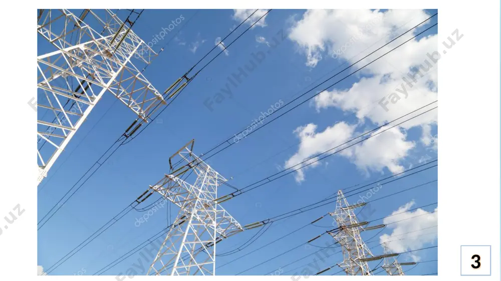 an 35 kv yoki 6 kv li tizimning liniyasiga ulanishda 110/35 kv li, 35/10 kv li yoki 110/10 kv, 35/6 kv li pasaytirish podstansiyasiga ega bo‘lish talab etiladi (5-rasm). 25 elektr ta’minoni - pasaytiruvchi transformator podstansiyasidan 10 yoki 6 kv li elektr taqatish liniyalari iste’molchilarga tomon tortiladi. kuchlanishi 10/0,38 kv li transformator punktlarida iste’molchilarning ishchi kuchlanishi 380 v ga teng. 26 belgilanishga qarab elektr energiyasi transformatorlarda transformatsiyalanadi (kuchlanish oshiriladi, tok esa kamaytriladi yoki buning teskarisi bo‘lishi mumkin, masalan, 10/0,38 kv - kuchlanshni pasaytiruvchi (10 kv ni 0,38 kv ga) yoki 10/35 – kuchlanishni oshiruvchi (10 kv ni 35 kv ga). elektr energiyasi iste’molchiga yetib borguncha bir necha marta shu tartibda transformatsiyalanadi. buning uchun esa bir nechta transformator podstansiyalari kerak bo‘ladi. 27 elektr ta’minoni 5-rasm. kuchlanishi 35/10 kv li podstansiyaning umumiy ko‘rinishi 28 elektr ta’minoni markazlashgan tarmoqdan uzoqda joylashgan ayrim tumanlarda kichik gidroelektrostansiyalar, quyosh fotoelektrik qurilmalari kabi induvidual elektr ta’minot manbalari …