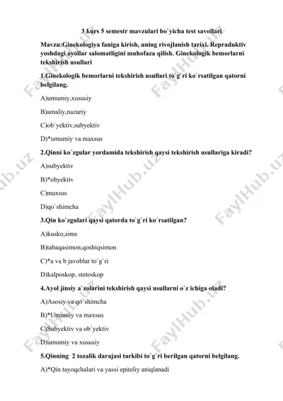 3 kurs 5 semestr mavzulari bo`yicha test savollari — DOCX