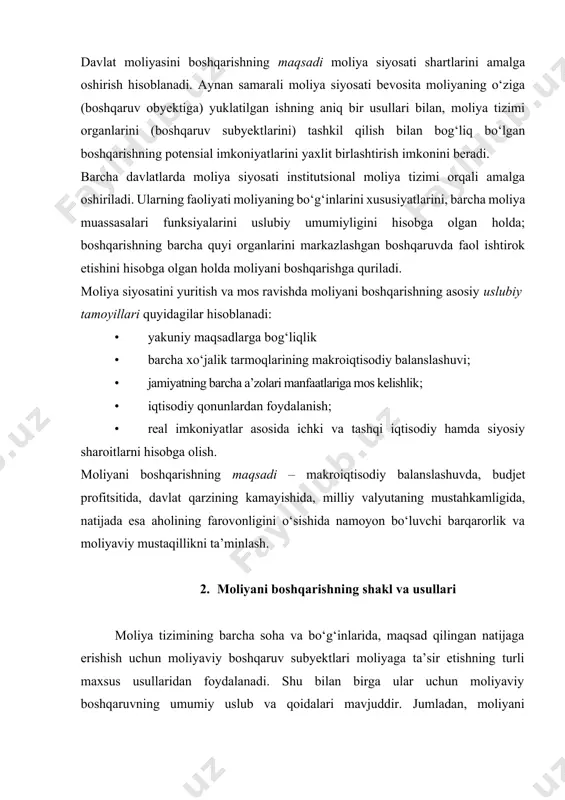 oliyaviy holatini baholaydi, moliyaviy resurslarni oshirish imkoniyatlarini, ulardan eng samarali foydalanish yo‘nalishlarini aniqlaydi. rejalashtirish jarayonida boshqarish qarorlari moliyaviy ma’lumotlar tahlili asosida qabul qilinadi. shuning uchun bunday ma’lumotlar yetarlicha to‘la va haqqoniy bo‘lmog‘i lozim. ma’lumotlarni haqqoniy va o‘z vaqtida olinishi asoslangan qarorlar qabul qilinishini ta’minlaydi. moliyaviy ma’lumotlar buxgalteriya, statistik va tezkor (operativ) hisobotlarga asoslanadi. tezkor (operativ) boshqarish bu – mavjud moliyaviy holatni tezkor (operativ) tahlil qilish asosida moliyaviy resurslarni qayta taqsimlash yordamida minimal xarajat qilib maksimal samaraga erishishga qaratilgan chora-tadbirlar yig‘indisidir. tezkor (operativ) boshqarish egiluvchanlik xususiyatiga egadir. nazorat - boshqaruv elementi sifatida bir vaqtning o‘zida moliyani rejalashtirishda hamda tezkor (operativ) boshqarishda qo‘llaniladi. nazorat haqiqiy natija bilan rejadagi ko‘rsatkichlarni taqqoslashga yordam beradi, moliyaviy resurslarni o‘sish rezervlarini aniqlaydi va samarali xo‘jalik yuritish yo‘llarini ko‘rsatib beradi. moliyani boshqarish strategik yoki umumiy boshqaruv va tezkor (operativ) boshqaruvlarga bo‘linadi. strategik boshqaruv istiqbolni belgilash, maqsadli dasturlar va boshqalarni amalga oshirish uchun mo‘ljallangan moliyaviy resurslar hajmini o‘rnatish orqali …