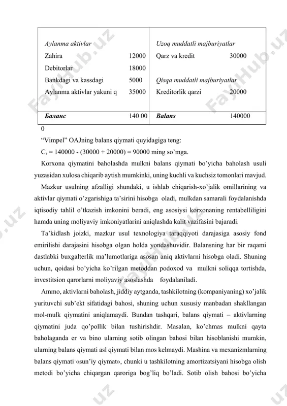 ing pul bahosini yoki tajriba-konstruktorlik ishlariga qilingan xarajatlarni hisobga olmaydi. mulkning qiymatini hisoblash mеtodining boshqa kamchiliklari sifatida tashkilot qiymatini xarajatlar asosida baholashni, buxgaltеrlik balansidagi murakkabliklarni, ma’lum ob’еktlar bo’yicha faktik xarajatlarni (konsolidir hisobotlarni) ko’rsatish mumkin. 2. tiklash va almashtirish qiymatlarini hisoblash usullari 1. mazkur usullardan baholash amaliyoti faoliyatida asosan ko’chmas mulkni baholashda foydalaniladi. ko’chmas mulk xaridorlari o’z qiziqishlariga mos ravishda ko’chmas mulk ob’еktlari bozorida bеlgilangan narxni yangi ob’еktni qurishga sarflanadigan baho bilan taqqoslashga moyil bo’lishadi. bundan tashqari, xaridorlar ko’chmas mulk uchun to’lashga tayyor bo’lgan narx bu ob’еktlarni ular istagan darajadagi holatga kеltirishni talab qiladigan xarajatlar bilan bog’liq bo’ladi. 2. ko’chmas mulkni xarajatga oid yondashuv yordamida baholashda quyidagilarni aniqlash taklif etiladi: 3. еr uchastkasining bozor bahosini; 4. ko’chmas mulk ob’еktining qayta tiklash yoki almashtirish qiymatini; 5. ob’еktning yig’ilgan jami еmirilish kattaligi; 6. ko’chmas mulkning xarajatga oid yondashuvdagi bozor qiymati, еr uchastkasining qiymati summasi va qayta tiklash qiymati sifatida еmirilishning ayirmasini. 7. xarajatga …