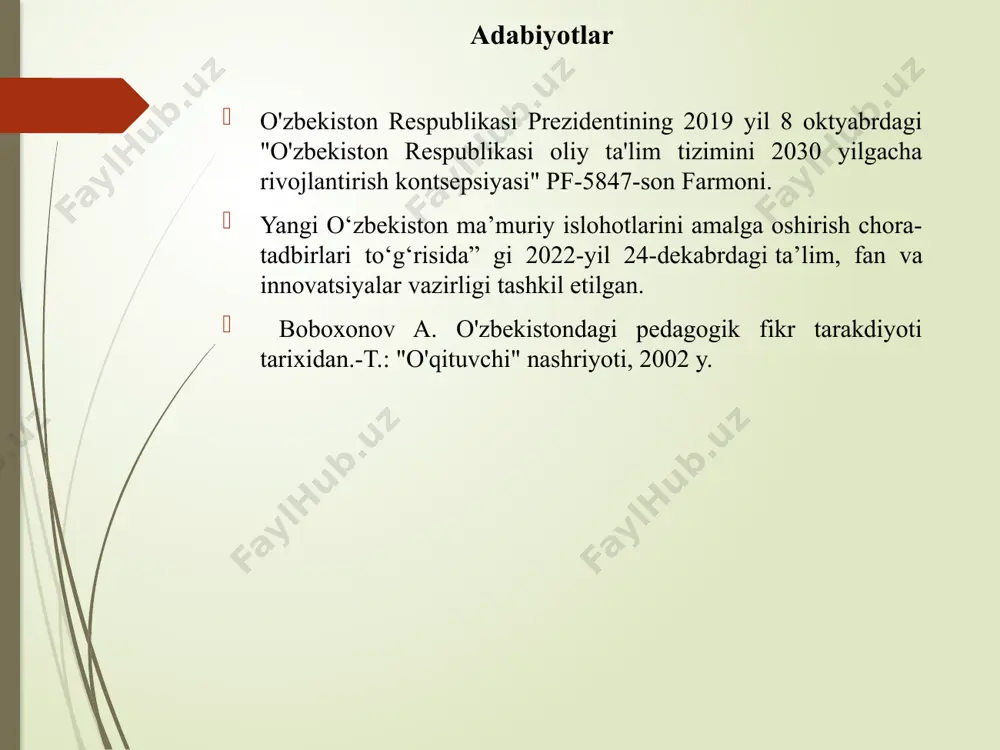 qo‘llash orqali ularning o‘quv, ilmiy, ma’muriy va moliyaviy jarayonlarini avtomatlashtirish; • uzoq muddatli ssenariylar asosida ustuvor soha va tarmoqlarga ilm-fan yutuqlarini tatbiq etish va mamlakatning innovatsion rivojlantirishning strategiyasini ishlab chiqish; • ilmiy va innovatsion loyihalarni amalga oshirishda investitsiyalarni jalb etish; • oliy, o‘rta maxsus va professional ta’lim, ilm-fan va innovatsiyalar sohasida xalqaro aloqalarni kengaytirish hamda mustahkamlash bo‘yicha chora-tadbirlarni amalga oshirish, sohada erishilgan yutuqlarni xalqaro miqyosda keng yoritish; • ta’lim tizimida o‘quv-tarbiya jarayonlari, professor-o‘qituvchilar tarkibi, kadrlar tayyorlash va ularning malakasini oshirish sifatini nazorat qilish, pedagog kadrlarga malaka toifalarini berish bo‘yicha davlat siyosatini amalga oshirish; • idoraviy mansubligi va tashkiliy huquqiy shakllaridan qat’i nazar davlat ta’lim muassasalari va nodavlat ta’lim tashkilotlarini attestatsiya va davlat akkreditatsiyasidan o‘tkazish; • bilim va malakalarni baholash bo‘yicha umummilliy siyosatni belgilash; • vazirlik tizimidagi oliy, o‘rta maxsus va professional ta’lim muassasalari hamda tashkilotlarni moliyalashtirish, moddiy-texnik bazasini rivojlantirish, shuningdek, ularning moliyaviy faoliyati ustidan nazoratni amalga oshirish; • oliy malakali …