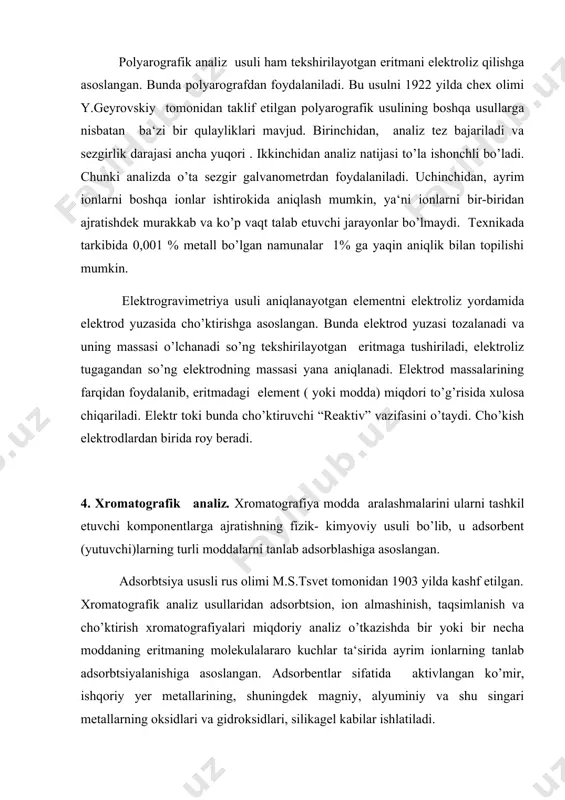 g’oz yopik kameraga ilib qoyiladi. bunda qog’ozning tekshirilayotgan eritma tomizilgan tomoni erituvchiga botib turishi kerak, bunda erituvchi filtr qog’oz boylab yuqoriga tarkibidagi komponentlar ham turlicha tezlikda xarakatlanadi. ma‘lum vaqt o’tgandan so’ng filtr qog’oz kameradan chiqarib olinadi, quritiladi va unga bir-biridan ajratiladigan ionlar bilan rangli birikma hosil qiluvchi reaktiv eritmasidan purkaladi. masalan, fe3+ va cu2+ kationlari kaliy geksatsiannoferrat k4[fe(cn)6], mn2+ ioni esa kumush nitrat agno3 eritmalari bilan rangli dog’lar hosil qiladi. shunday qilib, ionlar filtr qog’ozda rangli birikmalar xolida ma‘lum tartibda joylashadi va bu xodisaga xromatogramma deyiladi. cho’ktirish xromatografiyasi. ajratiladigan aralashma komponentlari bilan cho’ktirgichdan hosil bo’ladigan kiyin eriydigan birikmalarning eruvchanligi xar xilligiga asoslangan. cho’ktirish xromatografiyasi o’tkaziladigan kolonka inert modda va cho’ktiruvchi reaktivdan iborat bo’ladi. cho’ktiruvchi reaktiv tekshirilayotgan eritma tarkibidagi ionlar bilan cho’kmalar aralashmasini hosil qiladi va ular o’z eruvchanligiga ko’ra kolonka balandligi boylab ma‘lum ketma ketlikda joylashadi. cho’ktirish xromotografiyasi asosan elektrolitlarni bir-biridan ajratishda qo’llaniladi. ion almashinish xromatografiyasi analiz qilinayotgan aralashma ionlarining …