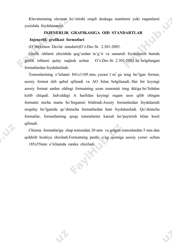 00:1;… ko’p hollarda beriladigan topshiriqlar va shaxsiy uy vazifalari haqiqiy o’lchamda chizilishi talab qilinadi. bu hollarda masshtab 1:1 deb qabul qilinadi, ya’ni detal o’lchami qancha bo’lsa, chizmada ham shu o’lcham bilan chiziladi. ma’lumot uchun quyidagilar bilish kerak. katta ob’ektlarni umumiy plani, sxema va shunga o’xshash geodeziya – kartografiya chizmalarida ham masshtablardan foydalanamiz. bu masshtablarni quyidagicha ifodalash mumkin: 1: 2000; 1: 5000; 1: 10000; 1: 25000; 1: 50000… xattoki 1: ( 100*n ) bo’lishi ham mumkin. injenerlik grafikasida chiziq turlari о’z.dav.st. 2.303-97 injenerlik grafikasida detal chizmalarini aniq va yaqqol ko’rsatish uchun (о’z.dav.st. 2.303-97)ga muvofiq har xil turdagi chiziqlar ishlatiladi. chizmaning ko’rinadigan asosiy kontur chizig’ini, sirtlarning kesishish chiziqlarini, qirqim va kesim tarkibiga kiruvchi kontur chiziqlarni chizishda yo’g’on asosiy tutash chiziq ishlatiladi. bu chiziqning yo’g’onligi s=0.5….1.4mm oraliqda bo’ladi. o’quv chizmalarida chiziq yo’g’onligi s = 0.8…1 mm qilib chizish tavsiya etiladi. chizmalarda ishlatiladigan boshqa chiziqlarning yo’g’onligi shu asosiy tutash chiziq yo’g’onligiga nisbatan tanlab olinadi. …