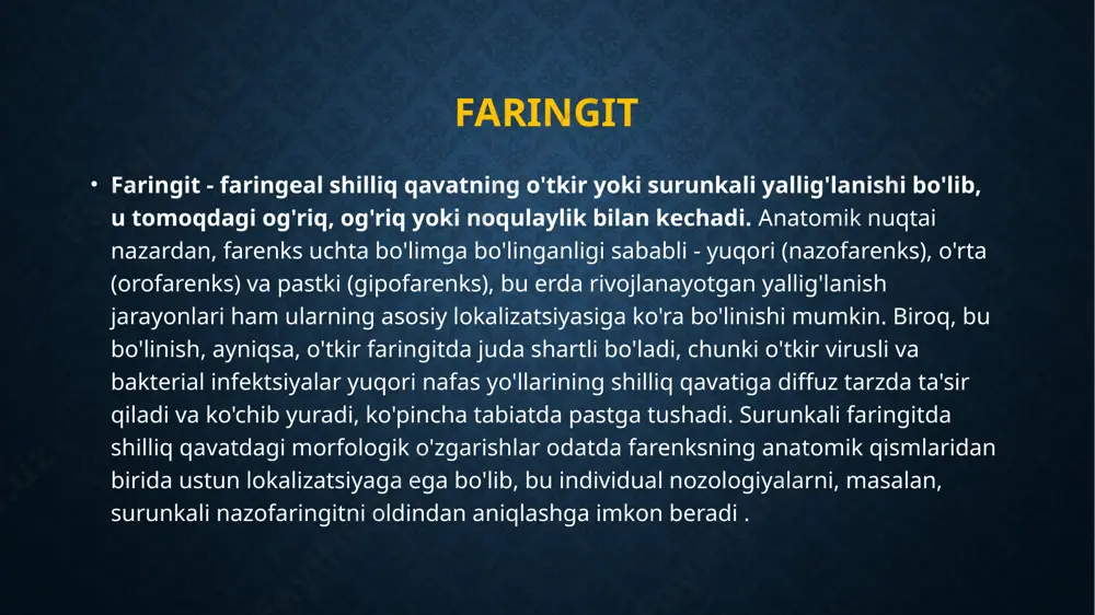 llarining sinsitial virusi herpes simplex viruslari (1 va 2 turdagi) enteroviruslar coxsackie virusi barr virusi sitomegalovirus oits virusi o'tkir faringit klinikasi o'tkir faringitning klinik ko'rinishi yutish paytida tomoqdagi og'riq, quruqlik, noqulaylik va og'riq (ayniqsa, bo'sh tomoq bilan), kamroq tez-tez - umumiy buzuqlik va haroratning ko'tarilishi bilan tavsiflanadi. tubofarengeal tizmalari yallig'langanda , og'riq odatda quloqlarga tarqaladi . palpatsiya paytida servikal yuqori limfa tugunlarining og'rig'i va kattalashishi mumkin. faringoskopiyada farenks va tanglay yoylarining orqa devori giperemiyasi, alohida yallig‘langan limfoid donachalar aniqlanadi, ammo anginaga xos bo‘lgan bodom bezlari yallig‘lanish belgilari yo‘q. shuni esda tutish kerakki, o'tkir faringit ba'zi yuqumli kasalliklarning birinchi namoyon bo'lishi mumkin: qizamiq, qizil olov, qizilcha qizamiq. ba'zi hollarda kawasaki kasalligi va stivens -jonson sindromi bilan differentsial tashxis qo'yish kerak . surunkali faringit klinikasi haroratning oshishi va umumiy holatning sezilarli darajada yomonlashishi odatiy hol emas . tuyg'ular bemorlar tomonidan quruqlik, og'riq va tomoqdagi shish hissi sifatida xarakterlanadi, bu esa yo'talish yoki …