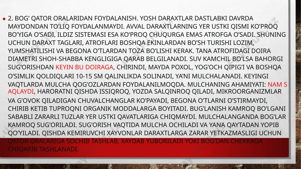 i. hammasi bo’lib 6-8 egat olinadi. egat uzunligi 150 m, qiyaroq yerlarda esa 75-100 m. shag’al toshlilarda esa 50 m.gacha bo’ladi. yosh bog’larni esa halqasimon ariqchalar olib sug’oriladi. sug’orish normalari. yosh bog’larni bir gektar hisobiga 500 m.kubdir. hosilga kirgan bog’lar uchun 800-1000m.kub.ga. shag’al toshli yerlarda bu norma 300-500 m.kub kamaytiriladi.yaxob suvini berish normasi 1200-1500-2000 m.kub. bog’larni sug’orishning yangi usullari: yomg’irlatib sug’orish, tuproq ostidan sug’orish, tomchilatib sug’orish, aerozol (mayda zarrali) sug’orish. bu usullar qo’llanilganda bog’dagi tuproq bir tekis va me’yorida namlanadi, yer qatqaloq bo’lmaydi, zichlashmaydi, begona o’tlar chiqishi kamayadi, bir necha marotaba suv tejaladi, bog’larda mikroiqlim hosil bo’ladi va bundan tashqari sug’orish uchun ariqlar olish hamda sug’orilgandan so’ng yerni yumshatish va boshqa bir qator agrotexnik ishlar xajmi kamayadi. bular o’z navbatida bog’ hosilining tannarxini pasaytirib, uning samaradorligini oshiradi. e’tiboringiz uchun rahmat: image3.jpg