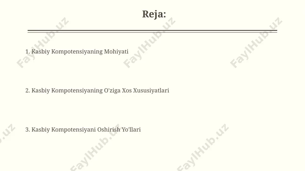 vozanat professional kompetentsiyaning 70% ini tashkil etib, qolgan 30% ni shaxsiy va kommunikativ fazilatlar egallaydi. bilimlar va ko'nikmalar muvaffaqiyatli professional 5 ta asosiy sohada – muloqot, muammo yechish, innovatsiya, raqamli savodxonlik va jamoaviy ishlash ko'nikmalariga ega bo'lishi kerak. bilimlar va ko'nikmalar professional kompetentsiyaning 30% dan ortiq qismini tashkil etadi va ularning samarali qo'llanilishi yuqori natijalarga olib keladi. muammoli vaziyatlarni hal qilish muammoli vaziyatlarni hal qilish jarayoni 3 bosqichdan iborat: muammoni aniqlash va tahlil qilish, yechimlarni ishlab chiqish va baholash, tanlangan yechimni amalga oshirish va natijalarni kuzatish. har bir bosqichda kamida 2 ta variantni ko'rib chiqish muhim. 80/20 qoidasini qo'llash orqali muammoning 80% ni keltirib chiqarayotgan 20% sabablarini aniqlash va ularga e'tibor qaratish, vaqt va resurslarni tejashga imkon beradi. innovatsion fikrlash va ijodkorlik innovatsion fikrlash murakkab muammolarni 3-5 ta turli yechimlarni taklif qilish orqali hal qilishga imkon beradi, bu esa standartlashtirilgan yondashuvlardan farq qiladi. ijodkorlik, 70% tizimli bilimlarga va 30% esa …