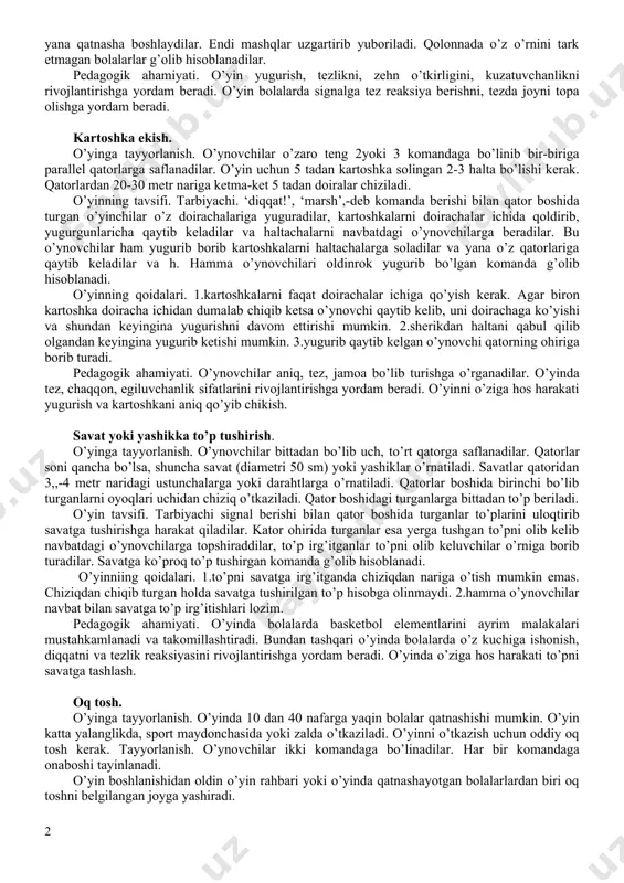 kazgan hisoblanadilar. sodir bo’lgan har bir hatodan keyin o’yin qisqa vaqt to’htatiladi, aylanaga qadam ko’ygan o’yinchilarga tashqariga chikish uchun, ko’llarini ajratib yuborgan o’yinchilarga esa yana ko’l ushlab olishi uchun imkon beriladi. o’yinchilari boshqa komandaga o’yinchilariga qaraganda kamroq jarima ochkosi olgan komanda yutgan hosoblanadi. o’yinning qoidalari. 1.o’yindagi har bir tanaffusdan so’ng aylana atrofida siljib yurishning yo’nalishi o’zgartiriladi.2. o’yinda qo’pollik qilish taqiqlanadi. pedagogik ahamiyati. o’yinda bolalarda kuch, epchillik, chidamlilik va tirishqoqlikni rivojlantiradi, bolalarni bir vaqtini o’zida harakatga kirishib ketishiga, boshqa o’yin qatnashchilarini tirishkokligi bilan o’zlarini harakatini birgalikda harakat qilishga o’rgatadi va qobilyatini ijobiy baholay oladi. o’yinning o’ziga hos harakati qarshilik ko’rsatish va kurashishni boshqa elementlari. signalni eshit! o’yinning tavsifi.sinf bolalarlari kolonna bo’lib maydon bo’ylab harakat qiladilar. tarbiyachi bitta chapak chalganda hamma bolalarlar qo’llarini bellariga qo’yadilar, ikkita chapak chalganda esa qo’llarini oldinga uzatadilar. yanglishgan bolalarlar kolonna ohiriga o’tib, o’yinda yana qatnasha boshlaydilar. endi mashqlar uzgartirib yuboriladi. qolonnada o’z o’rnini tark etmagan bolalarlar g’olib …