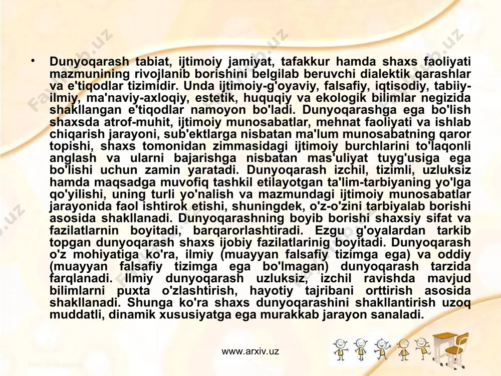 shakllanadi. bugungi kunda o'zbekiston respublikasida yoshlarga aqliy tarbiyani berishga alohida e'tibor qaratilmoqda. o'zrning “ta'lim to'g'risida”gi qonuni va “kadrlar tayyorlash milliy dasturi” mazmunida ham bilimli, yuksak ma'naviy va axloqiy talablarga javob beruvchi yuqori malakali kadrni tarbiyalash davlat siyosatining ustuvor yo'nalishlaridan biri ekanligiga urg'u beriladi. malakali kadr bo'lib yetishish ilmiy va kasbiy bilimlarni puxta egallash demakdir. aqliy tarbiya o'quvchilarni ilm-fan, texnika, texnologiya hamda ishlab chiqarish sohalarida qo'lga kiritilayotgan yutuqlar bilan tanishtirish, ularda ijodiy, erkin, mustaqil fikrlash ko'nikmalarini hosil qilishga zamin yaratadi. aqliy ta'lim va tarbiya birligi asosida shaxsda tafakkur (ijtimoiy voqea-hodisalarning ongda to'laqonli aks etishi, inson aqliy faoliyatining yuksak shakli) rivojlanadi. aqliy tafakkurning mavjud darajasini belgilash bir qadar murakkab bo'lib, quyidagi belgilarga ko'ra aniqlanishi mumkin: ilmiy bilimlar tizimining mavjudligi. mavjud ilmiy bilimlarni o'zlashtirib olish jarayoni. fikrlash ko'nikmasiga egalik. bilimlarni egallashga bo'lgan qziqish hamda ehtiyojning yuzaga kelganligi. www.arxiv.uz www.arxiv.uz aqliy tafakkur uzoq muddat hamda tinimsiz izlanish natijasida yuzaga kelib, uning negizida ilmiy qarash …