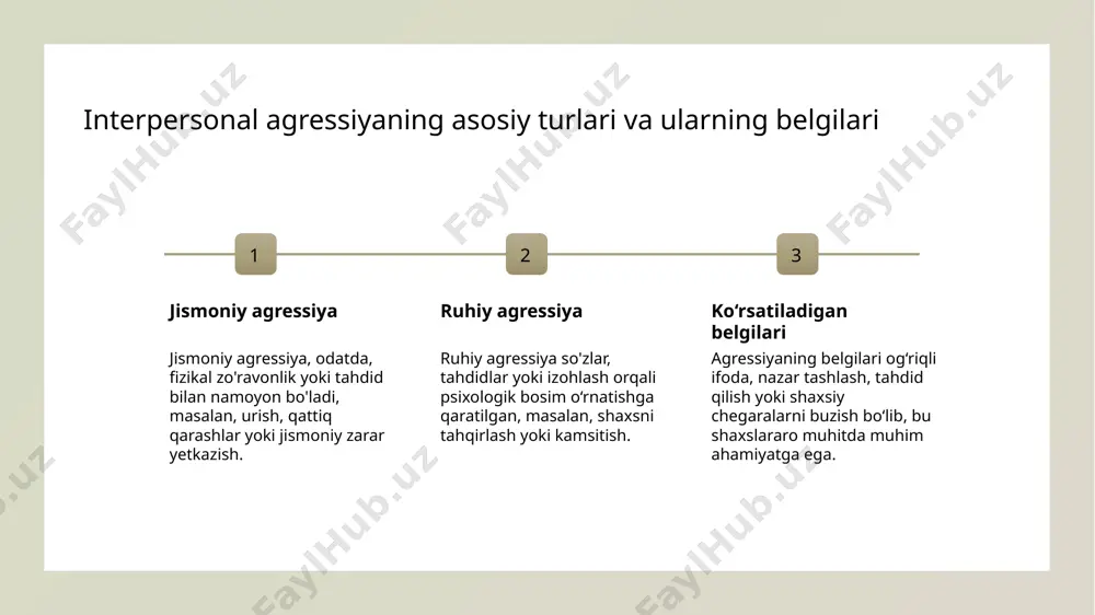yaxshilash, tinchlikni saqlash va murosaga erishish uchun faol tinglash, nazorat qilish va muvozanatli javoblar berish muhim. psixologik yordam va ta'lim psixologlar va psixoterapevtlar bilan ishlash, ijtimoiy ko‘nikmalarni rivojlantirish va agressivlik bilan kurashish uchun ta'lim dasturlaridan foydalaniladi. uzbek jamiyatida agressivlik shakllarining tarixiy rivojlanishi 1 an'anaviy davrlar - tarix davomida, o'zbek jamiyatida agressiya odatdagi urushlar, qabila nizolari va an'anaviy urf-odatlar bilan bog'liq bo'lib, ijtimoiy hayotning ajralmas qismi bo‘lgan. 2 sovet davri ta'siri - sovet davrida, repressiya va ijtimoiy nazorat agressiyani nazorat qilishga harakat qilgan, shuningdek, muomala va muloqot usullari o‘zgarib borgan. 3 mustaqillik davri - mustaqillik bilan, agressiya shakllari va uning ijtimoiy turlari o‘zgarib, milliy qadriyatlar va madaniyat asosida yangi rivojlanishlar yuzaga kelgan. 4 zamonaviy muammolar - hozirgi kunda, yoshlar orasida agressiya, madaniyat va texnologik rivojlanish bilan bog‘liq bo‘lib, ijtimoiy muhitda yangi shakllar paydo bo‘lyapti. madaniyat va an'analarning agressivlikka ta'siri: o'zaro bog'liqliklar 1 madaniyatning agressiyaga ta’siri madaniyat va an’analarning agressivlikka ta’siri katta. …