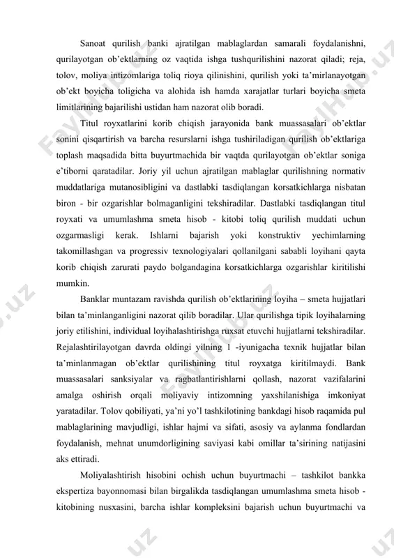 ruxsat etuvchi hujjatlarni tekshiradilar. rejalashtirilayotgan davrda oldingi yilning 1 -iyunigacha texnik hujjatlar bilan ta’minlanmagan ob’ektlar qurilishining titul royxatga kiritilmaydi. bank muassasalari sanksiyalar va ragbatlantirishlarni qollash, nazorat vazifalarini amalga oshirish orqali moliyaviy intizomning yaxshilanishiga imkoniyat yaratadilar. тolov qobiliyati, ya’ni yo’l tashkilotining bankdagi hisob raqamida pul mablaglarining mavjudligi, ishlar hajmi va sifati, asosiy va aylanma fondlardan foydalanish, mehnat unumdorligining saviyasi kabi omillar ta’sirining natijasini aks ettiradi. moliyalashtirish hisobini ochish uchun buyurtmachi – tashkilot bankka ekspertiza bayonnomasi bilan birgalikda tasdiqlangan umumlashma smeta hisob - kitobining nusxasini, barcha ishlar kompleksini bajarish uchun buyurtmachi va pudratchi ortasida tuzilgan pudrat shartnomasini, bajarilishi rejalashtirilayotgan yillik ishlar hajmi va +mi turlarini aks ettiruvchi va buyurtmachi tashkilot rahbari tomonidan tasdiqlangan qurilish ichi (vnutripostroyechnoy) titul royxatini, faoliyat olib borish zonasida ishlarni bajarish huquqi uchun nazorat va tekshiruv organlari (ses, dan, yongin nazorati va boshqalar) bilan kelishuvlarni, yerning osimlik osuvchi qatlami olinib, obodonlashtirish organlariga topshirilganligi haqidagi ma’lumotnomani taqdim etadi. immobilizatsiya shundan …