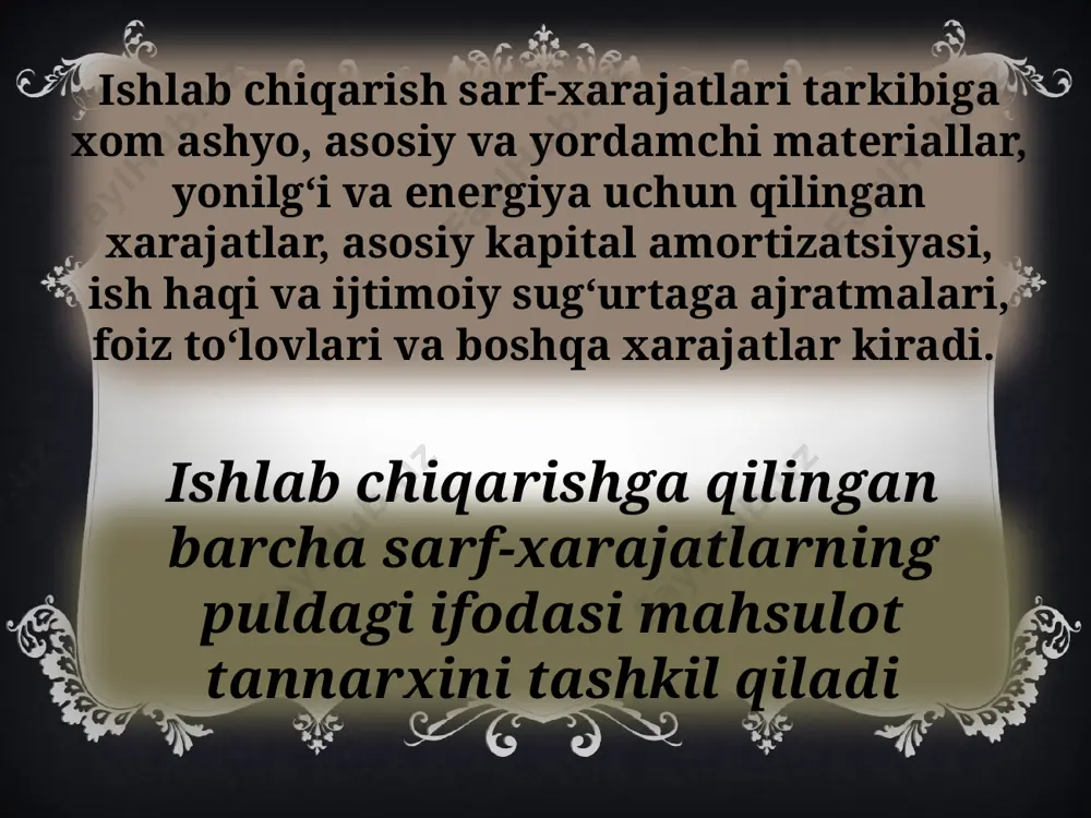 y manbalari reja: kirish. asosiy qism. tadbirkorlik faoliyati tushunchasi tadbirkorlik huquqining asosiy tamoyillari tadbirkorlik faoliyatining huquqiy asoslari. xulosa. o‘zgaruvchi xarajatlar: xom-ashyo material yonilg‘i transport xizmati ishchilar ish haqi va shu kabilar uchun xarajatlar ishlab chiqarish hajmining o‘zgarishiga (qisqarishi yoki ortishiga) ta’sir qilmaydigan xarajatlar doimiy xarajatlar deyiladi. doimiy xarajatlar ishlab chiqarish hajmining o‘sishiga bevosita ta’sir etmaydi va ishlab chiqarishning har qanday, hatto nolinchi hajmida ham mavjud bo‘ladi. bunga korxonaning to‘lov majburiyatlari (zayomlar bo‘yicha foiz va boshqa), soliqlar (ishlab chiqarish hajmiga bog‘liq bo‘lmagan turlari), amortizatsiya ajratmalari, ijara haqi, qo‘riqlash xizmatiga to‘lov, uskunalarga xizmat ko‘rsatish sarflari, boshqaruv xodimlari maoshi va shu kabilar kiradi. o‘zgaruvchi xarajatlar deb ishlab chiqarish hajmining o‘zgarishiga ta’sir qiladigan xarajatlarga aytiladi. unga xom ashyo, material, yonilg‘i-transport xizmati, ishchilar ish haqi va shu kabilarga qilinadigan sarflar kiradi. ishlab chiqarishning har bir darajasida doimiy va o‘zgaruvchan xarajatlar yig‘indisi umumiy yoki yalpi xarajatlar ni tashkil qiladi. ishlab chiqarish miqyosining ijobiy samarasi shunda namoyon …