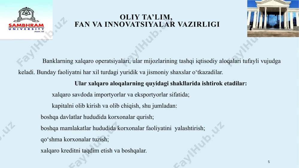 66 yilda asos solingan bo‘lib, davlatlar va xususiy investorlar o‘rtasidagi nizolarni hal qilish bo‘yicha xalqaro arbitraj tashkiloti (xalqaro investisiyaviy arbitraj) hisoblanadi. 13 oliy ta’lim, fan va innovatsiyalar vazirligi yevropa tiklanish va taraqqiyot banki (ettb) 1991 yildan buyon faoliyat yuritib, ochiq bozorga yo‘naltirilgan iqtisodiyotga o‘tishni, shuningdek, markaziy va sharqiy yevropa davlatlarida xususiy va tadbirkorlik tashabbuslarini rivojlantirishni qo‘llab-quvvatlovchi institutdir. xususiy bank sektor bilan hamkorlikka e'tibor qaratgan holda, loyihalarga sarmoyalar kiritadi, davlat siyosati masalalari bo‘yicha muloqot olib boradi va innovasiyalarni rivojlantirish, barqaror va ochiq bozor iqtisodiyotini barpo etish uchun texnik yordam ko‘rsatadi. 14 oliy ta’lim, fan va innovatsiyalar vazirligi osiyo taraqqiyot banki (otb) 1966 yilda tashkil etilgan bo‘lib, u mintaqalarga to‘g‘ridan-to‘g‘ri kreditlar va texnik yordamlar ko‘rsatish orqali osiyoning iqtisodiy o‘sishini rag‘batlantirish maqsadida tashkil etilgan. otb rivojlanayotgan a'zo mamlakatlardagi xususiy korxonalarga kapital qo‘yilmalar va kreditlar ajratish orqali to‘g‘ridan-to‘g‘ri yordam beradi. otb tegishli mamlakatning iqtisodiy va ijtimoiy rivojlanishiga samarali hissa qo‘shadigan va mamlakat strategiyasiga muvofiq …