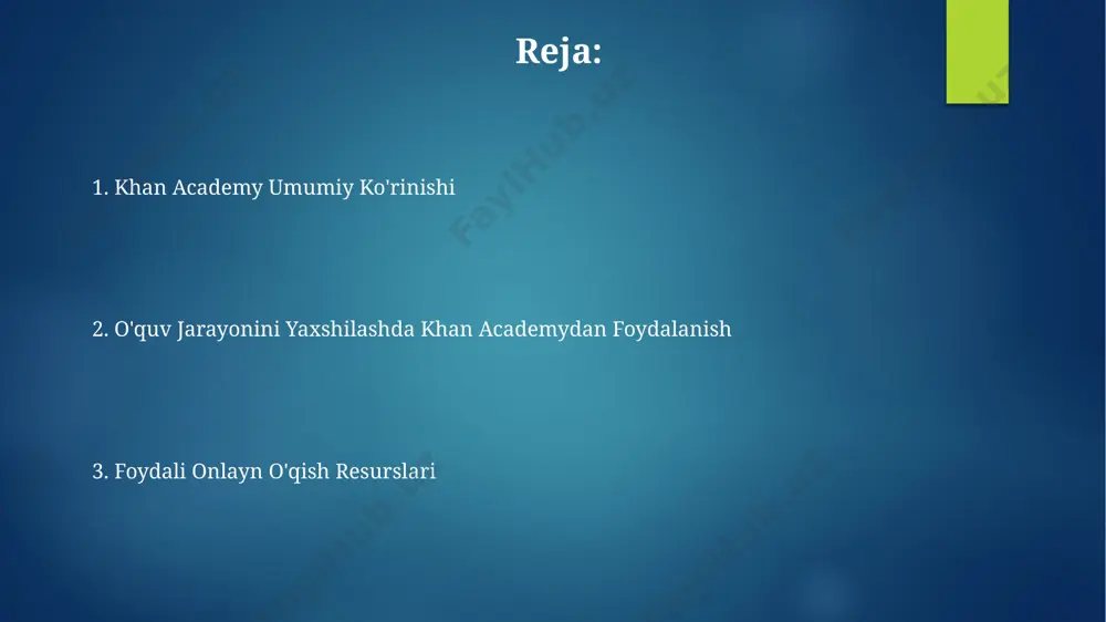 dan ortig'i o'zlashtirish ko'rsatkichlarini yaxshilaydi, bu esa uning samaradorligini tasdiqlaydi. tadqiqotlar shuni ko'rsatadiki, khan academy'dan muntazam foydalanuvchilarning 75% o'qishga bo'lgan qiziqishlari va motivatsiyasi ortadi. khan academy kurslari va imkoniyatlari khan academy 5000 dan ortiq bepul kurslarni, jumladan, matematika, fan, dasturlash va boshqa ko'plab fanlar bo'yicha taqdim etadi. platforma interfaol mashqlar, video darsliklar va individual yutuqlarni kuzatish tizimi orqali o'rganishni yanada samarali qiladi. khan academyning afzalliklari va kamchiliklari khan academy bepul va 4000 dan ortiq ta’lim resurslarini taklif qiladi, ammo individualizatsiyalashgan o‘qitish yoki o‘qituvchi bilan bevosita muloqot yo‘qligi ba’zi o‘quvchilar uchun kamchilik bo‘lishi mumkin. platforma turli yoshdagi va bilim darajasidagi foydalanuvchilar uchun moslashuvchan, ammo o‘z-o‘zini boshqarish va mustaqil o‘rganish qobiliyatini talab qiladi, bu ba’zi o‘quvchilar uchun qiyinchilik tug’dirishi mumkin. e'tiboringiz uchun rahmat @taqdimot_robot image6.jpg image7.jpg image8.jpg image9.jpg image10.jpg image11.jpg image12.jpg image2.png image3.png image4.png image5.png