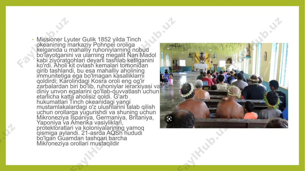 i sinovlarga duchor bo'ladigan joylar va tiriklar o'lgan qarindoshlari bilan muloqot qilishlari mumkin bo'lgan joylar mavjud. mikroneziyalarning kosmosga qarashlarining aksariyati osmon olamining teskari piyola shaklida bo'lib, turli toifadagi xudolar joylashgan bir necha qatlamlardan iborat. mikroneziya orollari dengiz tubidan yuqoriga ko'tarilgan ustunlar sifatida ko'riladi va dengiz tubida yer osti dunyosiga emas, balki dengiz osti dunyosiga ochiladigan qopqon eshigi bor. bu erda ba'zi orollar aholisi o'lganlarida shunday qilishadi deb ishonishadi. ilk etnograflar kosmosning tavsiflarini va hattoki chizmalarini, jumladan, 1910-yilda puluvatlik fuqaro tomonidan yaratilgan omon qolgan eskizni yozib olishgan. invertli kosa eng keng tarqalgan tasvirdir, ammo turli xil variantlar mavjud. pohnpeyda osmon gumbazi tantanali yig'ilish uyining tomiga o'xshardi. marshalllarda to'rtta asosiy yo'nalishning har birida osmonni ushlab turuvchi to'rtta samoviy postmen bor edi. ammo postchilar uxlab qolgach, har bir burchakdagi osmon qulab tushdi, keyin esa jannat gumbazi teskari kosaga aylandi. kiribati atollarida kosmos ulkan qisqich sifatida tasvirlangan, xudo naurea yorug'lik kirishi uchun uni ochishga …