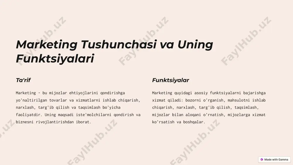 ashning qulayligi va tezligi iste'molchilar uchun muhimdir. mijozlarga mahsulotni osongina sotib olish imkoniyati berilishi kerak. bu xaridorlarning sodiqligi va sotib olishni oshirishga olib keladi. targ'ibot targ'ibot iste'molchilarni maqsadli bozorga jalb qilishga yordam beradi. tovar haqida to'g'ri ma'lumot berish, iste'molchilarni jalb qilish va sotishni oshirishga yordam beradi. 7 marketing tadqiqotlarining ahamiyati 1 ma'lumotlar marketing tadqiqotlari bozor haqida chuqur ma'lumotlarni to'plashga yordam beradi, bu esa marketing strategiyalarini ishlab chiqishda yordam beradi. 2 mijozlar tadqiqotlar mijozlarning ehtiyojlarini tushunishga, ularning xulq-atvorini o'rganishga va ularga moslashtirilgan mahsulot va xizmatlarni yaratishga imkon beradi. 3 raqobat raqobatdagi kompaniyalarning harakatlarini kuzatib borish, marketing strategiyasini ularga moslashtirishga yordam beradi. 4 muvaffaqiyat marketing tadqiqotlari kompaniya marketing strategiyalarini samaraliroq amalga oshirish va bozor ulushini oshirish imkonini beradi. 8 marketing strategiyasini amalga oshirish usullari 1 rejalashtirish 2 amalga oshirish 3 baholash 4 sozlash 5 takrorlash marketing strategiyasini amalga oshirishda bir qator muhim bosqichlar mavjud. rejalashtirish, amalga oshirish, baholash va takrorlash bu jarayonning …