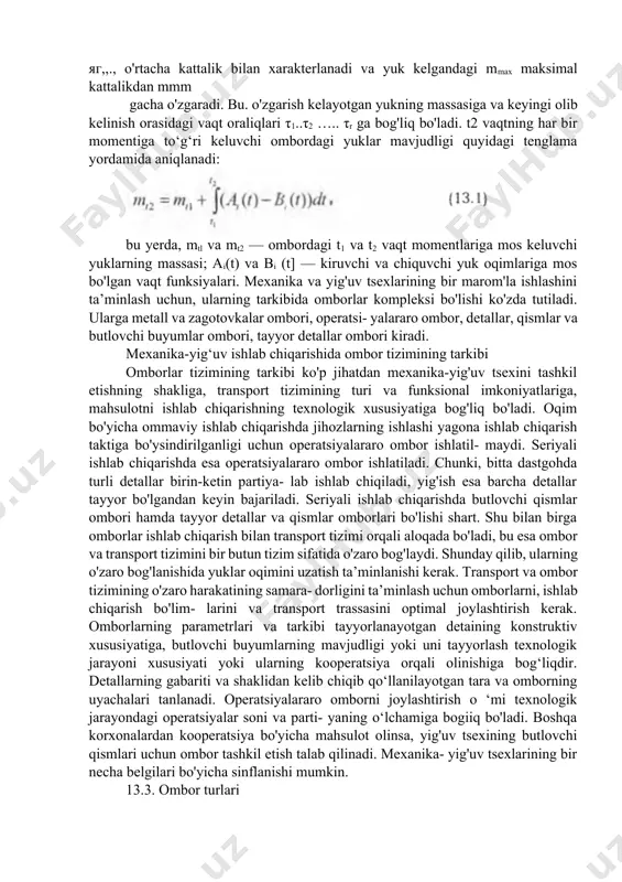 aniqlanadi: bu yerda, mtl va mt2 — ombordagi t1 va t2 vaqt momentlariga mos keluvchi yuklarning massasi; ai(t) va bi (t] — kiruvchi va chiquvchi yuk oqimlariga mos bo'lgan vaqt funksiyalari. mexanika va yig'uv tsexlarining bir marom'la ishlashini ta’minlash uchun, ularning tarkibida omborlar kompleksi bo'lishi ko'zda tutiladi. ularga metall va zagotovkalar ombori, operatsi- yalararo ombor, detallar, qismlar va butlovchi buyumlar ombori, tayyor detallar ombori kiradi. mexanika-yig‘uv ishlab chiqarishida ombor tizimining tarkibi omborlar tizimining tarkibi ko'p jihatdan mexanika-yig'uv tsexini tashkil etishning shakliga, transport tizimining turi va funksional imkoniyatlariga, mahsulotni ishlab chiqarishning texnologik xususiyatiga bog'liq bo'ladi. oqim bo'yicha ommaviy ishlab chiqarishda jihozlarning ishlashi yagona ishlab chiqarish taktiga bo'ysindirilganligi uchun operatsiyalararo ombor ishlatil- maydi. seriyali ishlab chiqarishda esa operatsiyalararo ombor ishlatiladi. chunki, bitta dastgohda turli detallar birin-ketin partiya- lab ishlab chiqiladi, yig'ish esa barcha detallar tayyor bo'lgandan keyin bajariladi. seriyali ishlab chiqarishda butlovchi qismlar ombori hamda tayyor detallar va qismlar omborlari bo'lishi shart. …