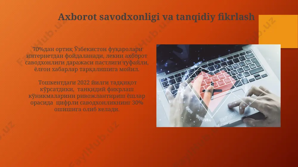iyalari amalga oshirilgan bo'lib, bu ularning obro'siga jiddiy zarar yetkazdi. россия 2022-yilda ukrainaga qarshi bostirib kirishidan oldin, dezinformatsiya va propaganda kampaniyalari orqali, g'arbiy ommaviy axborot vositalariga nisbatan ishonchsizlikni 30% ga oshirishga harakat qildi. ishonchli axborot manbalarini aniqlash ishonchli manbalarni aniqlashda, 2023-yilgi ma'lumotlarga ko'ra, aqshdagi 5 ta yirik ommaviy axborot vositalarining reytingini va ularning xabarlarining manbalarini tekshirish muhim. internetdagi ma'lumotlarning ishonchliligini baholashda, saytning domen nomini (.org, .gov, .edu kabi) va uning 10 yildan ortiq faoliyat yuritganligini hisobga olish kerak. rasmiy va norasmiy axborot manbalari rasmiy axborot manbalari, masalan, oʻzbekiston respublikasi prezidentining matbuot xizmati yoki davlat statistika qoʻmitasi saytlari, 90% aniqlik bilan maʼlumotlarni taqdim etadi, ammo ularning yangilanish tezligi norasmiy manbalarga nisbatan sekinroq. norasmiy axborot manbalari, jumladan, bloglar va ijtimoiy tarmoqlar, 2023-yil holatiga koʻra, tezkor yangiliklarni tarqatadi, biroq ularning ishonchlilik darajasi ancha past, taxminan 40% atrofida. faktlarni tekshirish muhim. internetdagi axborotning tarqalish xususiyatlari internetda maʼlumotlarning tez tarqalishi, masalan, bir soat ichida dunyoning …