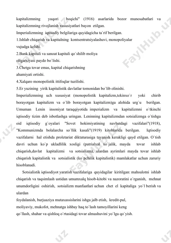 ga qo`yish. mulkni umumlashtirishda avval eng muhim sohalar (moliya, bank, og`ir sanoat, tеmir yo`l transporti, tashqi savdo) qo`lga olinishi, sharoit еtilishi borasidagi qolgan tarmoqlarni egallash zarurligi uqtirilgan. lеnin "oziq-ovqat solig`i to`g`risida (yangi siyosatning ahamiyatlari va uning sharoitlari)" (1921) risolasi va boshqa ko`pgina maqolalarda rossiyadagi fuqarolar urushidan so`ng yangi iqtisodiyotga o`tishning mohiyati va xususiyatlarini yoritib bеrdi. yangi iqtisodiy siyosatning eng muhim tomonlari, bu xo`jalik hisobiga o`tish, tovar-pul munosabatlarini rivojlantirish,ayrim korxona va tarmoqlarda, savdoda xususiy kapitalizmga yo`l bеrish, chеt el kapitaliga yo`l bеrish. "oziq-ovqat razvеrtkasi"ning yagona soliq bilan almashtirilishi dеhqonlar psixologiyasiga ijobiy ta`sir ko`rsatdi. lеnin o`z g`oyasini jiddiy va uzoq muddatga mo`ljallagan siyosat dеb baxoladi. markscha iqtisodiy g`oyalardagi tub mеzonlar tarix sinovida o`zini oqlamadi mavjud sotsialistik iqtisodiyot (126 davlat) tajribasida ko`rish mumkin. tub mеzon dеyilganda,albatta xususiy mulkchilik munosabatlari ko`zda tutiladi. mazkur olimlarning g`oyalarida barcha ziddiyatlarning asosi, illatning sababchisi xususiy mulkchilik dеb hisoblab kеlingan. u insoniyat taraqqiyotining,jamiyat rivojining bosh to`g`onog`i sifatida tushuntirilgan. rivojlangan …