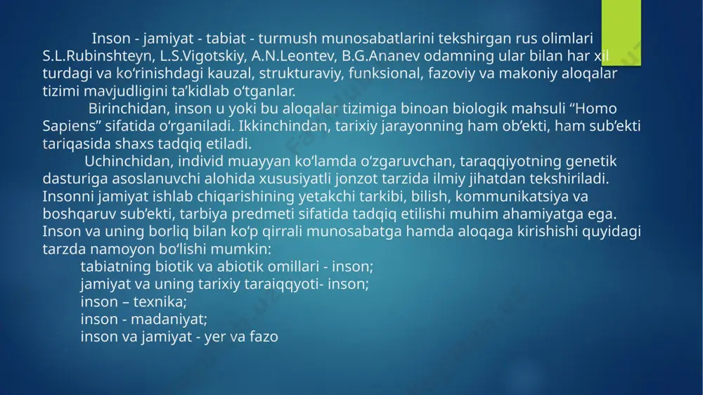komplekslar qatoriga nutq, eshitish, ko‘rish hamda sensomotor komplekslarni kiritish mumkin. mana shu komplekslarning hammasi odamning hayot -faoliyati jarayonida o‘zaro bir-biri bilan doimiy aloqaga kirishib, sensor-perseptiv uyushishning yagona funksional dinamik tizimini yaratadi. insonning sensorperseptiv jihatlari doimo takomillashib bor ikkinchi tizim barqaror psixik holatlarni o‘z ichiga oladi. bu holatlar bolaning aniq maqsadni ko‘zlovchi va foydali faoliyatining ongli sub’ekti sifatida bola boshlagan ilmlarining dastlabki yillaridayoq shakllana boshlaydi. temperament, intellekt, bilim va munosabat ana shunday xususiyatlar jumlasiga kiradi. uchinchi tizim - shaxsni arbob sifatida stabilizatsiya tizimidir. yo‘naltirilganlik, qobiliyat, mustaqillik va xarakter uning tarkibiy qismini tashkil etadi. yo‘naltirilganlik - shaxsning integral va generalizatsiya qilingan xususiyatidir. integral-(lotin tilida - «butun», «tiklangan»)– uzviy bog‘liqlik, butunlik, birlikdir. generalizatsiya (lotin tilida- «umumiy», «bosh») - shartli va shartsiz reflekslarning umumlashishi. yo‘naltirilganlik bilim, munosabatlarning hamda shaxsning xulq-atvori va hatti-harakatlarida ijtimoiy ahamiyat yetakchilik kilgan motivlarning bir butun ekanligida o‘z ifodasini topadi. bu xususiyat odamning dunyoqarashi, qiziqishlari va ma’naviy ehtiyojlarida namoyon bo‘ladi. to‘rtinchi …