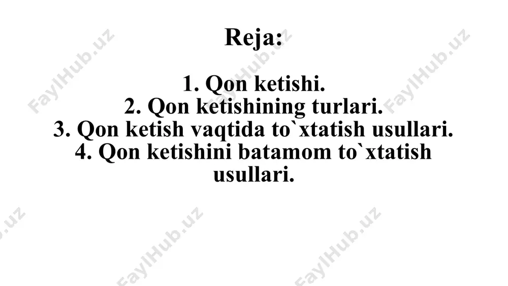 tun yuzasi bo`ylab kam miqdorda, bir maromda, tomchi ko`rinishida qon sizib chiqadi. parenximatoz(g`ovak) a’zolar (jigar, taloq, o`pka) jarohatlanganda qon ketishi juda xavfli kechadi, ulardagi tomirlarning o`z holicha yopilmasligi sababli, qon ketishi to`xtamaydi va tez kamqonlik holatlari kelib chiqadi. 2. qon ketishining tashqi, ichki va yashirin klinik turlari farqlanadi. -tashqi qon tomir devorining jarohati tufayli ketayotgan qon tashqariga oqadi. -ichki qon ketish nisbatan murakkab, ketayotgan qon biron bir a’zo qobiqlarida to`plangan tarzda yoki qorin va ko`krak qafasi bo`shliqlariga ketishi mumkin. 3. o`tkir yoki surunkali qon ketish. inson hayotidagi eng havfli qon ketishi o`tkir qon ketishidir. qisqa vaqt ichida yo`qotilgan katta miqdordagi qon yetishmovchiligiga inson organizmi tez moslasha olmaydi, natijada o`lim hollari ko`p uchraydi. surunkali qon ketishda esa kamqonlik sekinlik bilan rivijlanadi, natijada inson organizmi bu yangi holatga asta-sekin moslasha boradi. image1.png image2.png image3.png image4.png image5.png image6.png image7.png image8.png image9.png image10.png image11.png image12.png image13.png image14.png image15.png image16.png image17.png image18.png image19.png image20.png image21.png …