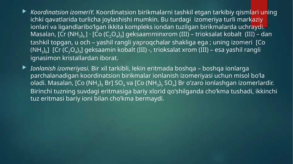 qasida tarkibi [co (nh3)5 no] cl2 bо‘lgan moddani keltirish mumkin. uning bir izomeri qora rangli va paramagnit xossaga, ikkinchisi qizil rangli va diamagnit xossaga ega. taxmin qilinishicha, birikmalarning birida kobaltning oksidlanish darajasi +2, ikkinchisida esa +3 bо‘lishi mumkin, ular bir biridan markaziy iondagi faqat bitta elektron soni bilan farq qiladi. transformatsion izomeriy. bunday birikmalar ligandlaridagi atomlar soni bir xil, lekin ligandlar orasida genetik bog‘lanish bо‘lib, ular turli kimyoviy xossalarga ega bо‘ladi. formal (rasmiy) izomeriy. bunday izomerlarni hosil qilishda qatnashgan ligandlar rasmiy jihatdan bir biriga miqdorlari teng bо‘lgan atomlarga ega bо‘ladi. bunday izomeriyaga [pt (nh3) (c2h5nh2) cl2] va [pt (ch3nh2)2 cl2] lar misol bо‘la oladi. yuqorida aytilganidek, stereoizomeriya ikki kо‘rinishda bо‘ladi: a) geometrik yoki sis – va trans – izomeriya, b) optik izomeriy. tarkibi bir xil, ligandlari markaziy atom atrofida turli tartibda joylashgan koordinatsion birikmalar о‘zaro geometrik izomerlar deb ataladi. geometrik izomerlar yuqorida aytilganidek, stereoizomeriya ikki kо‘rinishda bо‘ladi: a) geometrik yoki …