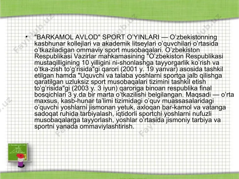 edi. mana shu stadionda bo‘lib o‘tgan o‘sha tantanali marosimlar shukuhini namanganliklar hamon iliq taassurotlar bilan eslaydi. bugun yana bir shunday yirik nufuzli tadbir – yoshlik, barkamollik, nafosat va birdamlik bayrami – “barkamol avlod – 2014” musobaqalariga mezbonlik qilayotgan namangan yanada chiroy ochgan. nihoyat, orziqib kutilgan daqiqalar keldi. yigirma mingdan ziyod tomoshabin kelgan stadion uzra “barkamol avlod – 2014” sport o‘yinlarining chorlov sadolari yangraydi. maydonga qoraqalpog‘iston respublikasi, toshkent shahri va barcha viloyatlarning terma jamoalari kirib keladi. namangan viloyati hokimi b.yusupov akademik litsey va kasb-hunar kollejlari o‘quvchilarining “barkamol avlod – 2014” sport o‘yinlarini ochiq deb e'lon qildi. o‘zbekiston respublikasi prezidenti islom karimovning “barkamol avlod – 2014” sport o‘yinlari ishtirokchilariga tabrigini prezidentning davlat maslahatchisi x.sultonov o‘qib eshittirdi. o‘zbekiston respublikasi davlat madhiyasi yangraydi. davlatimiz bayrog‘i ko‘tariladi. “barkamol avlod” sport o‘yinlari bayrog‘i hilpiraydi. “barkamol avlod – 2014” sport musobaqalari ishtirokchilari bo‘lajak bellashuvlarda halol va murosasiz kurashishga tantanali qasamyod qiladilar. mamlakatimizda yosh avlodni har tomonlama barkamol …