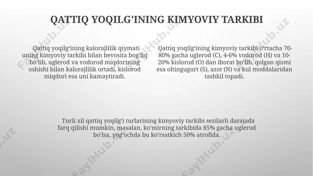 од) масса улушларини аниқлаш муҳим аҳамиятга эга. йўқотишдаги масса фракциясини аниқлаш учун термогравиметрик анализ усули қўлланилади, бунда 500-1000°c гача бўлган ҳарорат интервалида ўзгаришларни кузатилади. ёнилғининг сифатини назорат қилишда 1000 дан ортиқ намуна олиш ва ҳар бири учун камида 5 та параметрни (кул миқдори, намлик, олтингугурт ва бошқалар) аниқлаш талаб этилади. pirolliz texnologiyalari piroliz texnologiyalari biomasadan biomassa gazini olishda qoʻllaniladi va bu jarayon 15-25% gacha bio-yogʻ hosil qilish imkonini beradi. odatda, piroliz jarayonida 30-40% gacha boʻlgan samaradorlik koʻrsatkichiga erishiladi, bu esa qattiq yoqilgʻining energiya zichligini oshirish imkoniyatini beradi. piroliz texnologiyalari yordamida 500-800°c harorat oraligʻida qattiq yoqilgʻini qayta ishlash jarayonida gazsimon mahsulotlar, jumladan, sintetik gaz va suyuq yonuvchi moddalar hosil boʻladi. tadqiqot va ishlab chiqarish o'rtacha hisobda, qattiq yoqilg'ining 20% ini qayta ishlash orqali, yillik 3 million dollar miqdorida qo'shimcha daromad olish imkoniyati mavjud bo'lib, bu investitsiyalarni tezkor qaytarishni ta'minlaydi. qattiq yoqilg'i ishlab chiqarish jarayonida 5% dan kam chiqindilarni hosil qiladigan yangi …