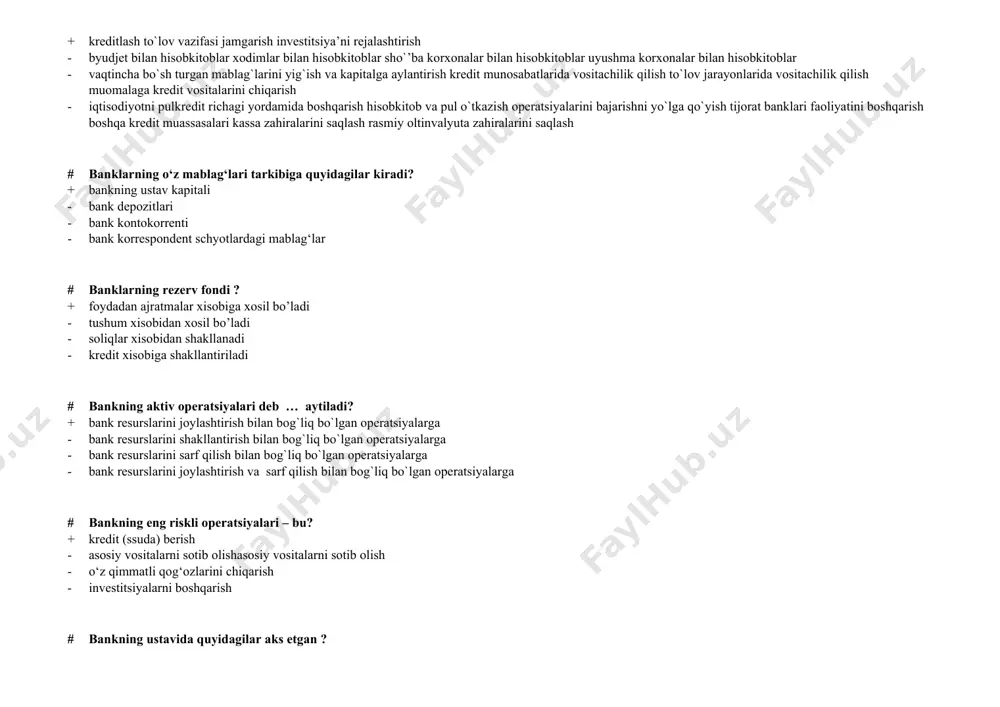 l quyidagi funksiyalarni bajaradi? + muomala vositasi - qiymat o`lchovi - jamg`arish vositasi - jahon puli # bozor riski? + bozor narxlari nomaqbul o‘zgarishi oqibatida ehtimolli zarar ko‘rilishi tufayli yuzaga keladi - ijarochining bankdan olgan mulkidan samarali foydalana olmasligi shuningdek shartnomada ko‘rsatilgan to‘lovni o‘z vaqtida amalga oshira olmasligi natijasida yuzaga keladi - bankning uchinchi shaxsdan sotib olgan qarzdorning majburiyatlari bo‘yicha to‘lovni o‘z vaqtida amalga oshira olmaslik natijasida yuzaga keladi - qimmatli qog‘ozlarning ayrim turlari hamda ssudalarning barcha kategoriyalari bo‘yicha zarar ko‘rish ehtimoli bilan bog‘liq holda yuzaga keladi # daromad keltirmaydigan aktivlarga? + qimmatli qog`ozlar pul aktivlari guruhi nomoddiy aktivlar - barcha berilgan kreditlar investitsiyalar qimmatli qog`ozlar - kredit depozit chet el valyutasi pul mablag`lari - pul aktivlari guruhi asosiy vositalar kapital xarajatlar barcha moddiy aktivlar nomoddiy aktivlar # depozit operatsiyalari qanday paydo bo’lgan? + bir kishi boshqa kishiga pulni ishonib berishi natijasida - savdogarlar boshqa davlatga borib pul almashtirishi natijasida …