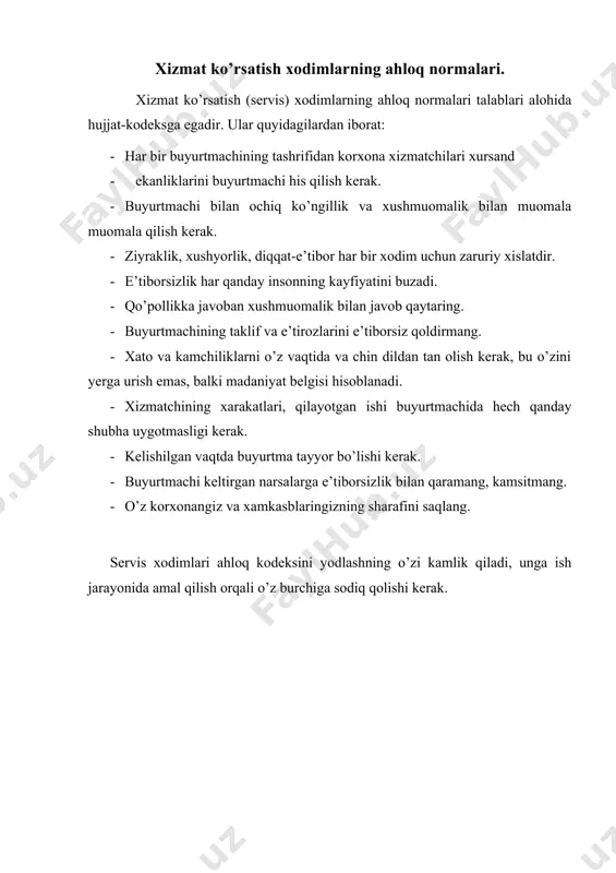 hi vazifa va majburiyatlar quyidagilardan iborat: · ona vatan-o’zbekiston respublikasiga cheksiz sadoqat bilan xizmat qilish; · o’z davlati konstitutsiyasiga va qonunlariga qat’iy rioya qilish, buyruq va nizomlarning talablarini bajarish; · o’qituvchilik faoliyatida va shaxsiy hayotda halol va to’gri, mehnatsevar, intizomli bo’lish; · ahloq, odob qoidalariga qat’iy rioya qilish, doimo ozoda va orasta kiyinish; · o’z fani mazmunini va bu fanni o’qitish metodikasini puxta egallash; · o’z kasbiga nisbatan muhabbatli bo’lish, bolalarni sevishi, ular bilan ishlay olish qobiliyatiga ega bo’lish; · kasbiy mahoratini doimo rivojlantirib borishi; · zamonaviy talablar bo’yicha yetuk, faol, ijtimoiy, siyosiy masalalarni to’gri tushuna olish qobiliyatiga ega bo’lishi. ta’lim sohasi kasblarining axloq normalari. ta’lim soxasi xodimlardan o’z faoliyati jarayonida ma’lum bir xususiyatlarga ega bo’lishlik va alohida zaruriy axloq normalariga rioya qilishlik talab qilinadi. bu xususiyatlar avvalambor, uning pedagog sifatida shakllanishida, o’qituvchilik kasbiga xos sifatlari faoliyatining unumli va muvaffaqiyatli bo’lishida namayon bo’ladi. ta’lim soxasi kasb axloqining normalari deb jamiyat, …